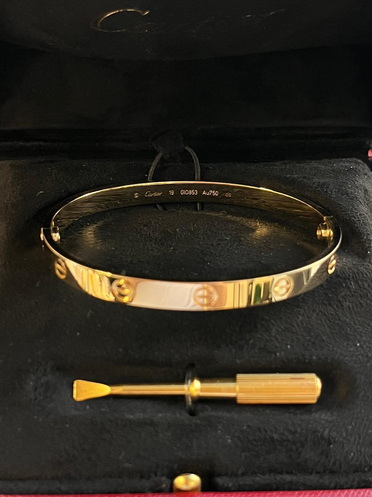Cartier Love Bracelet 18K Yellow Gold Size 19 With Screwdriver Bangle For Sale 8
