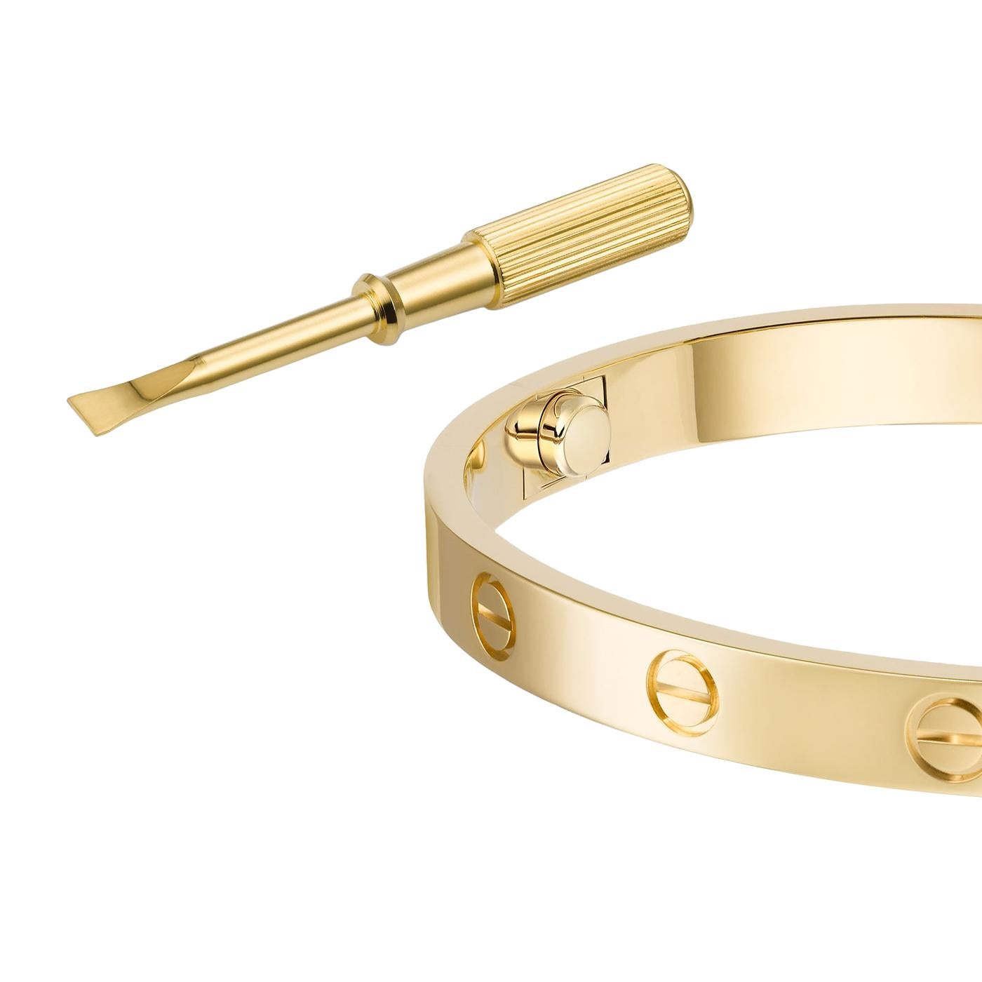 LOVE bracelet, 18K Yellow Gold (750/1000). Comes with a screwdriver. Width: 6.1 mm. Created in New York in 1969, the LOVE bracelet is an icon of jewelry design: a close-fitting, oval bracelet composed of two rigid arcs that is worn on the wrist and