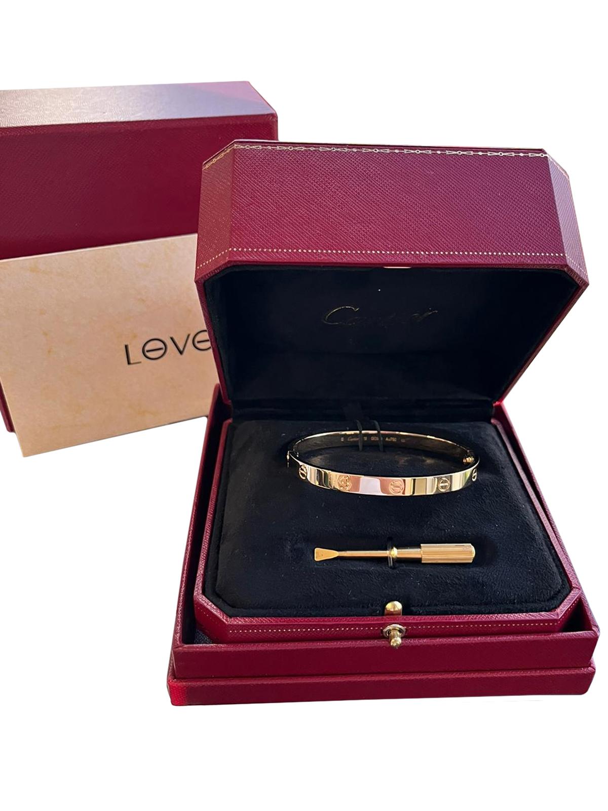 Cartier Love Bracelet 18K Yellow Gold Size 19 With Screwdriver Bangle For Sale 1