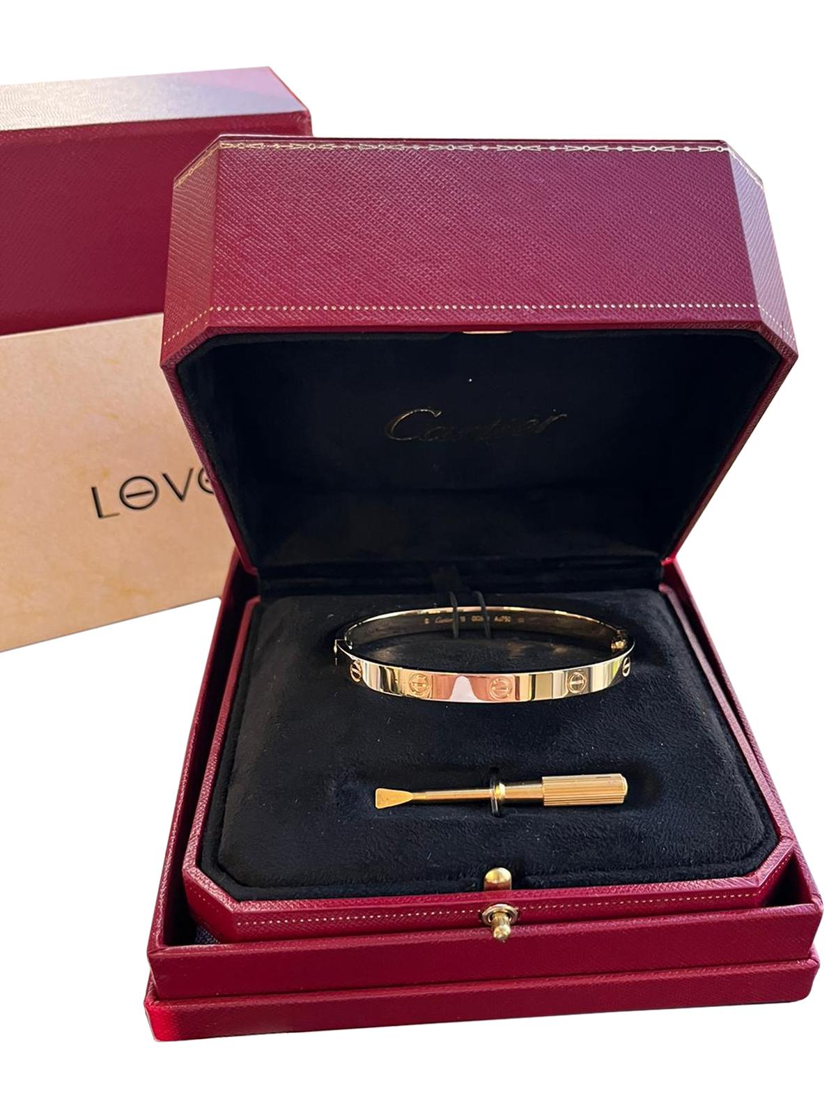 Cartier Love Bracelet 18K Yellow Gold Size 19 With Screwdriver Bangle For Sale 2