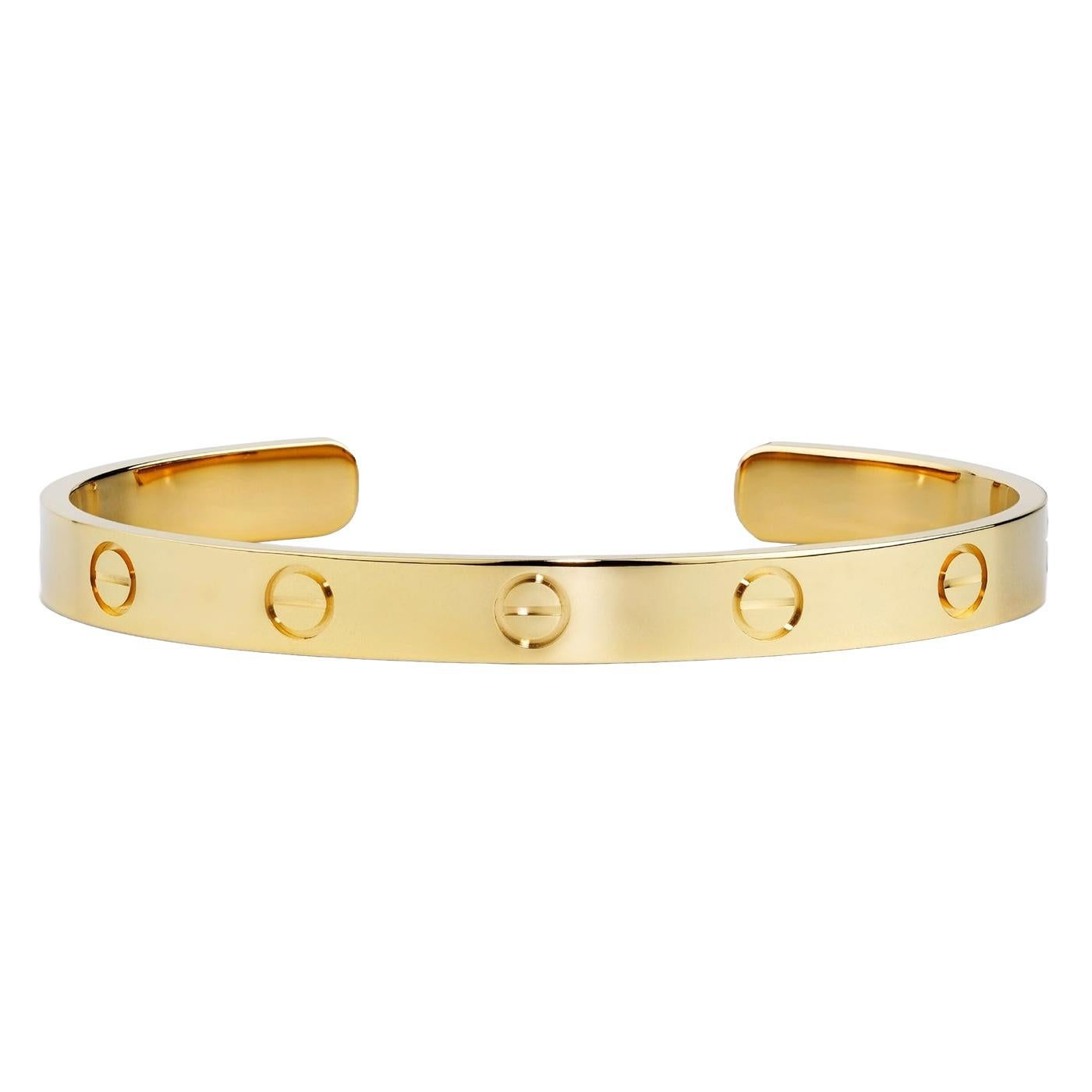 Cartier LOVE bracelet, 18K yellow gold (750/1000). Width: 6.2 mm (for size 20).

Details:
Brand: Cartier
Type: Love Bracelet
Material: 18K Yellow Gold
Size: 20
Theme: Romantic, Love
Purchased Date: 2021
Scope of Delivery: Original Box and Original