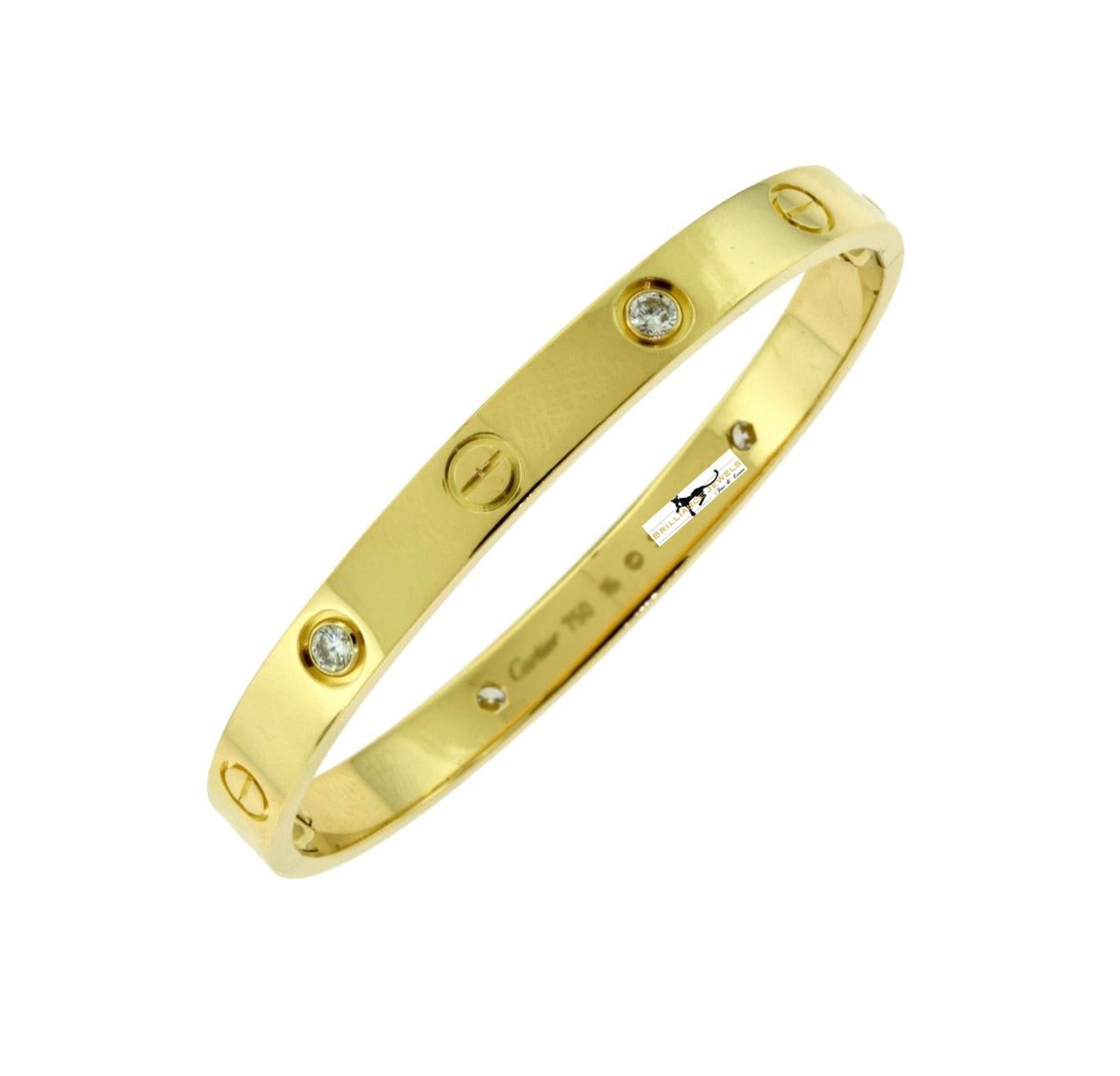 Designer: Cartier

Collection: Love

Style: Bangle Bracelet

Metal: Yellow Gold

​​​​​​​Metal Purity: 18k

Stone: Round Brilliant Cut Diamond

Total Carat Weight: 0.42 ct

Bracelet Size: 17 = 17 cm

Hallmarks: 17, Au750 Cartier, Serial No.,

Retail: