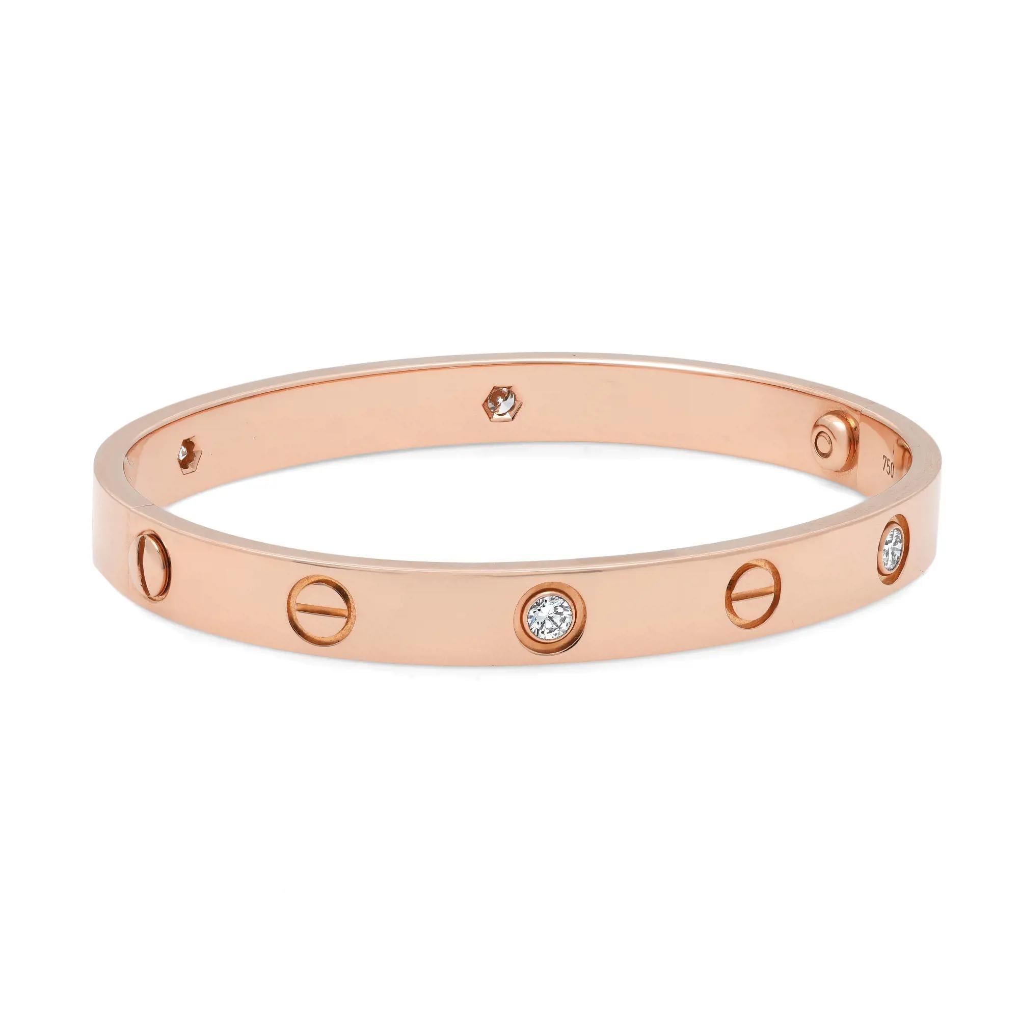 Cartier Love bracelet crafted in 18K rose gold, set with 4 round brilliant cut diamonds weighing 0.42 carats.  Width: 6.1mm. Size 19. Excellent pre-owned condition. The bracelet was just polished. Looks unworn. Comes with a screwdriver, box and