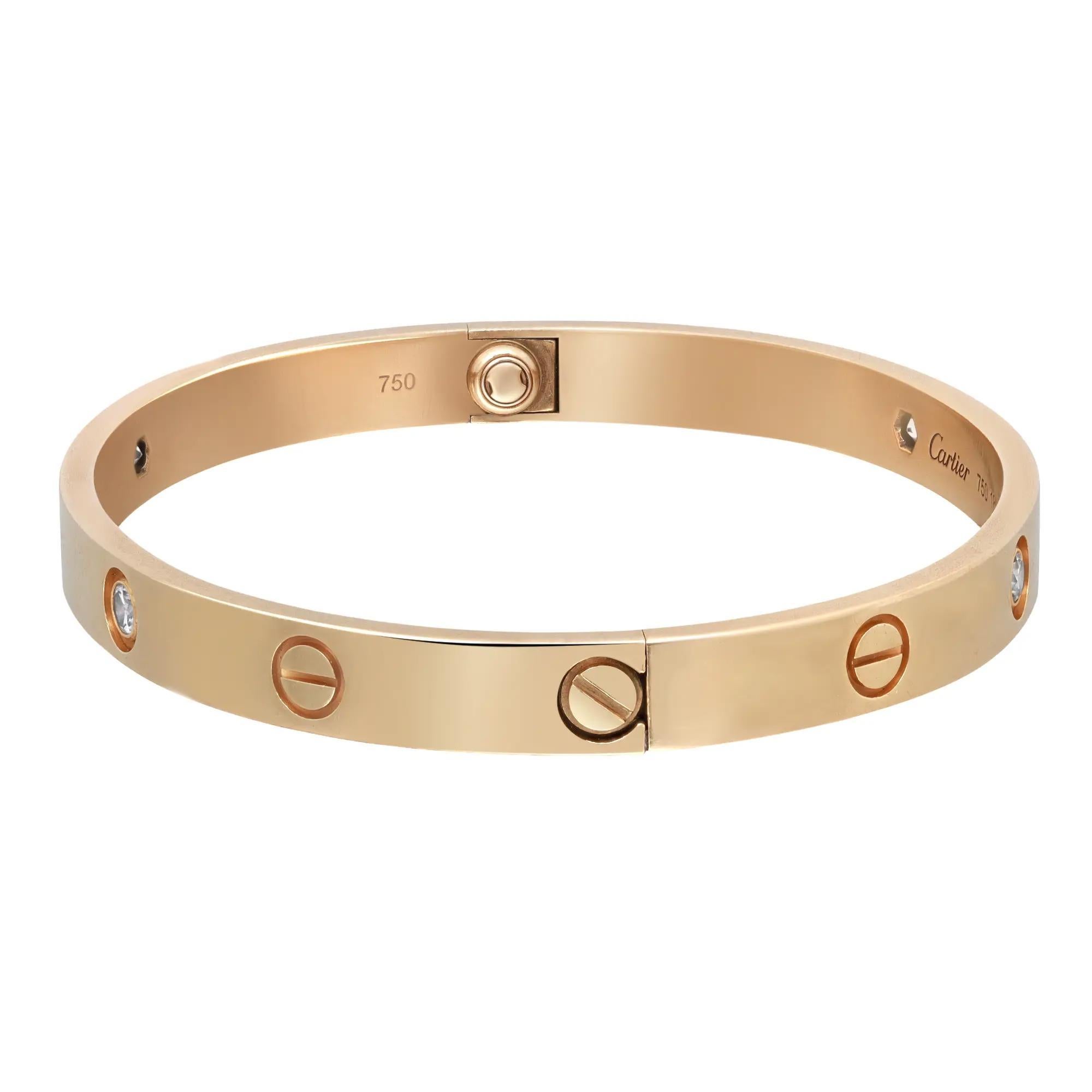 Taglio rotondo Cartier Bracciale dell'Amore 4 Diamanti Modello Classico Oro Giallo 18K Taglia 18 in vendita