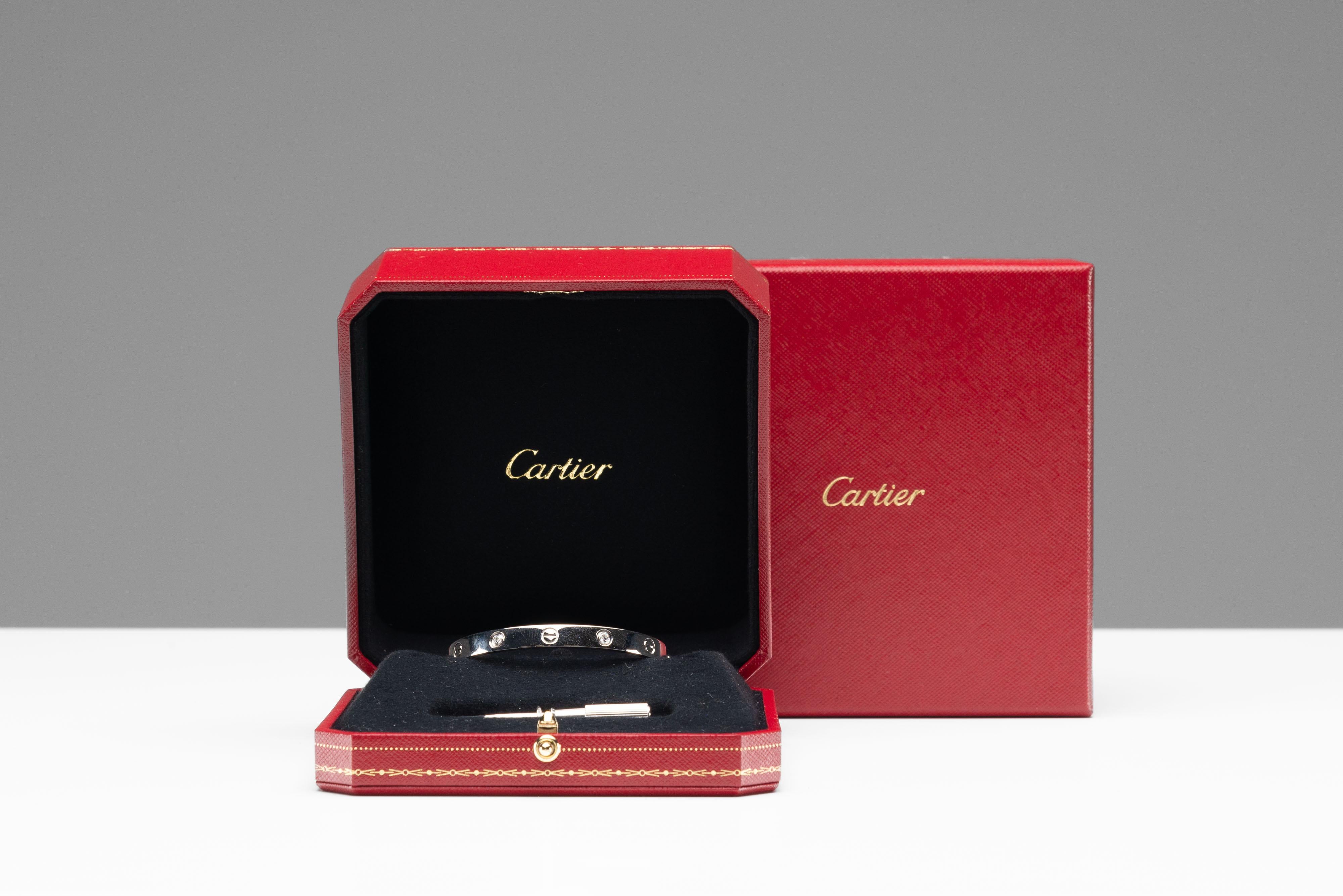 From the collection of SAVINETI we offer this beautiful Cartier Love Bracelet:

- Brand: Cartier
- Model: Love Bracelet 4 diamonds
- Condition: Very Good Condition (as new)
- Materials: white gold 750/1000, 4 brilliant-cut diamonds (0.42 carats)
-