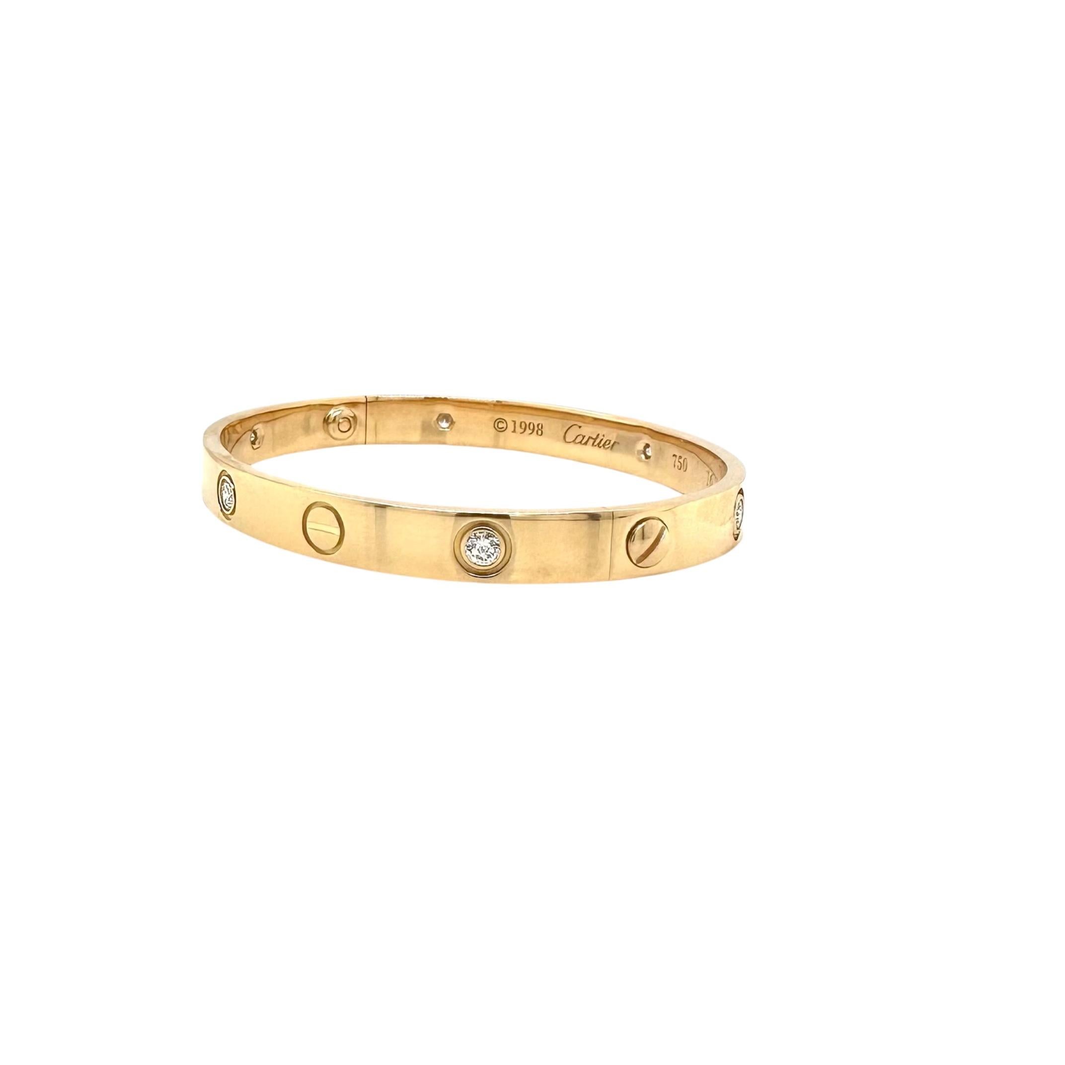 Designer: Cartier
Collection:  Love
Style: Bangle
Metal: Yellow Gold 
Metal Purity: 18K 
Stones: 6 Round Brilliant Cut Diamonds
Screw Style System: Old screw system (screws come off)
Bracelet Size: 16 = 16 cm
Hallmarks: Cartier; Serial #, 750,