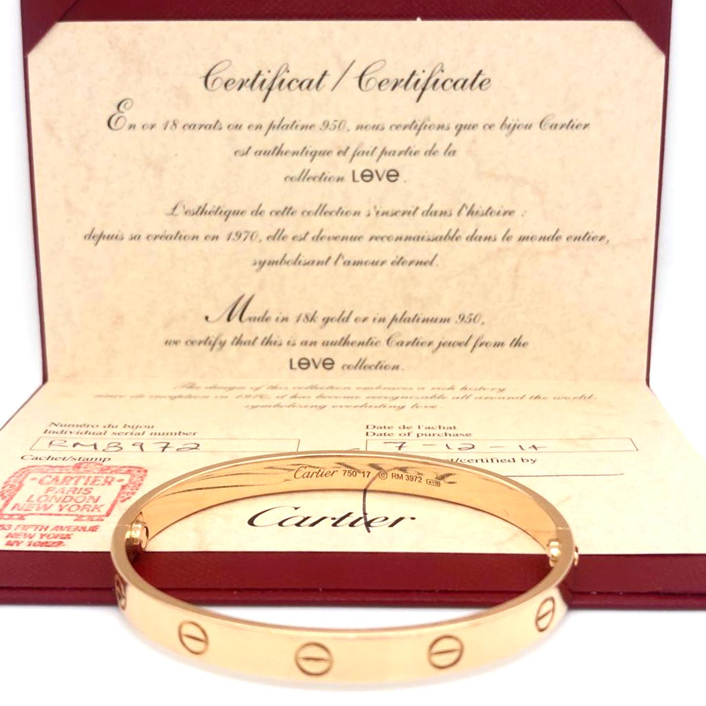 Women's or Men's Cartier LOVE Bracelet 18K Rose Gold Size 17 Vintage Bangle with Screwdriver For Sale