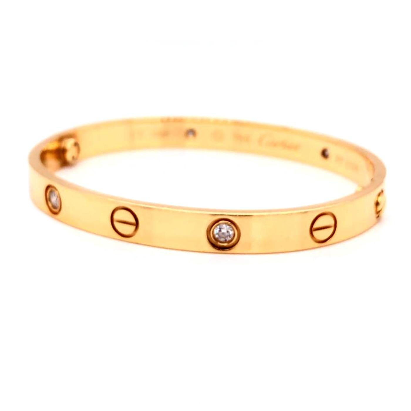 Description:
Love bracelet, 18K yellow gold, set with 4 brilliant-cut diamonds totaling 0.42 carats. Sold with a screwdriver. Width: 6.1mm.

About the Collection:
A child of 1970s New York, the LOVE collection remains today an iconic symbol of love