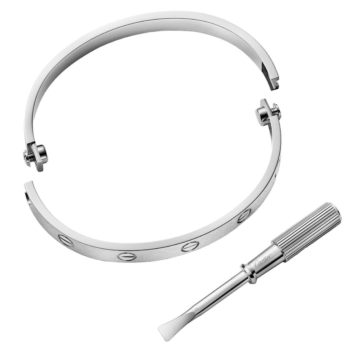 Modernist Cartier Love Bracelet Bangle Classic Model White Gold Brushed Finish Size 20 For Sale