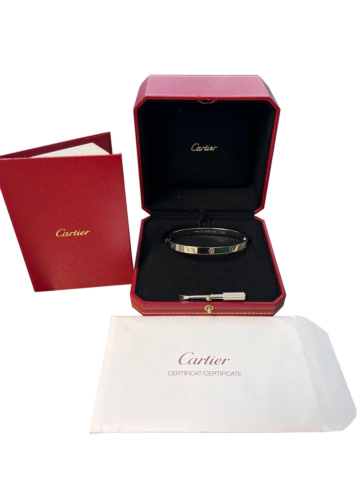 Cartier Love Bracelet Bangle Classic Model White Gold Brushed Finish Size 20 For Sale 1