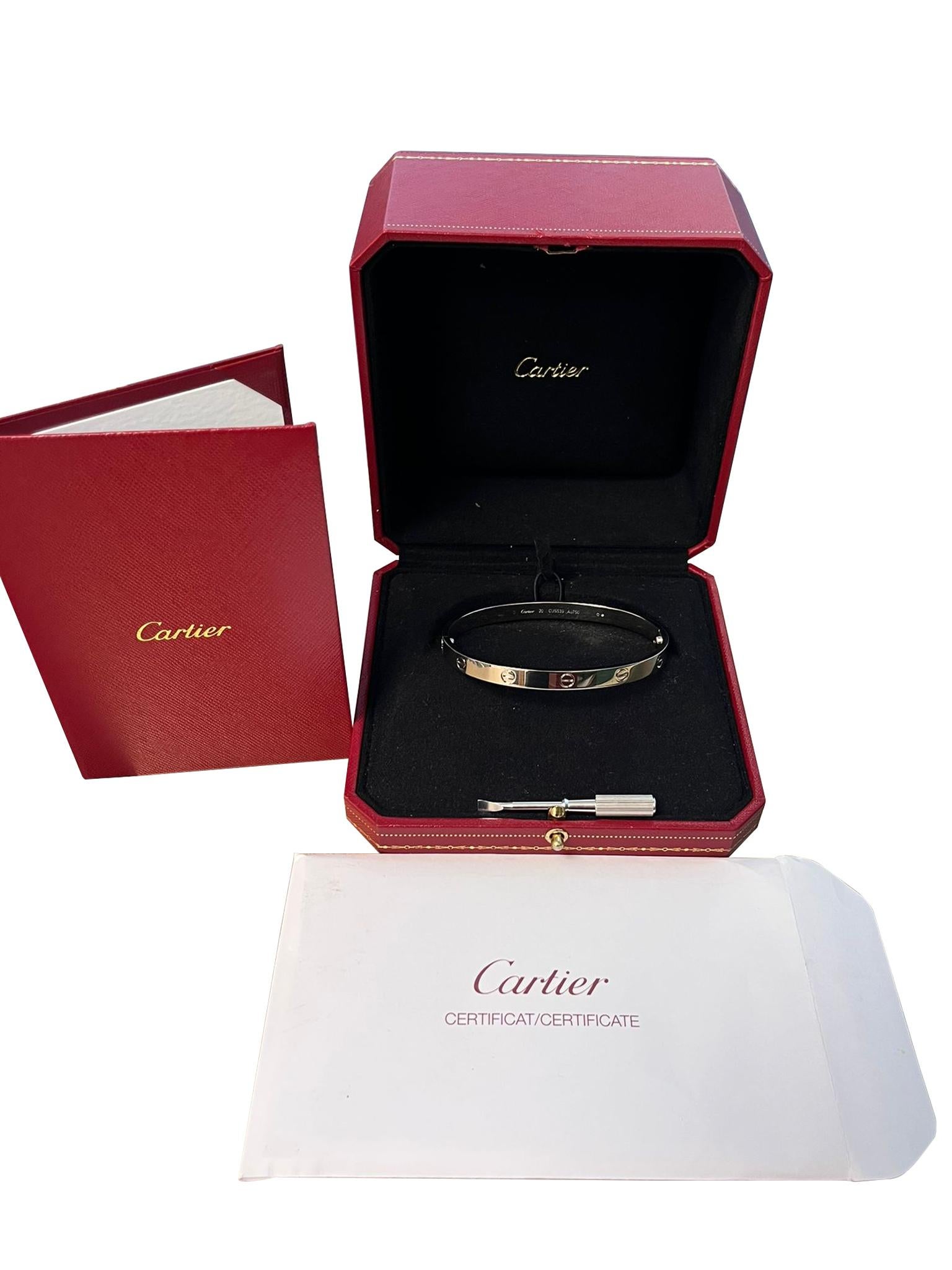 Cartier Love Bracelet Bangle Classic Model White Gold Brushed Finish Size 20 For Sale 2