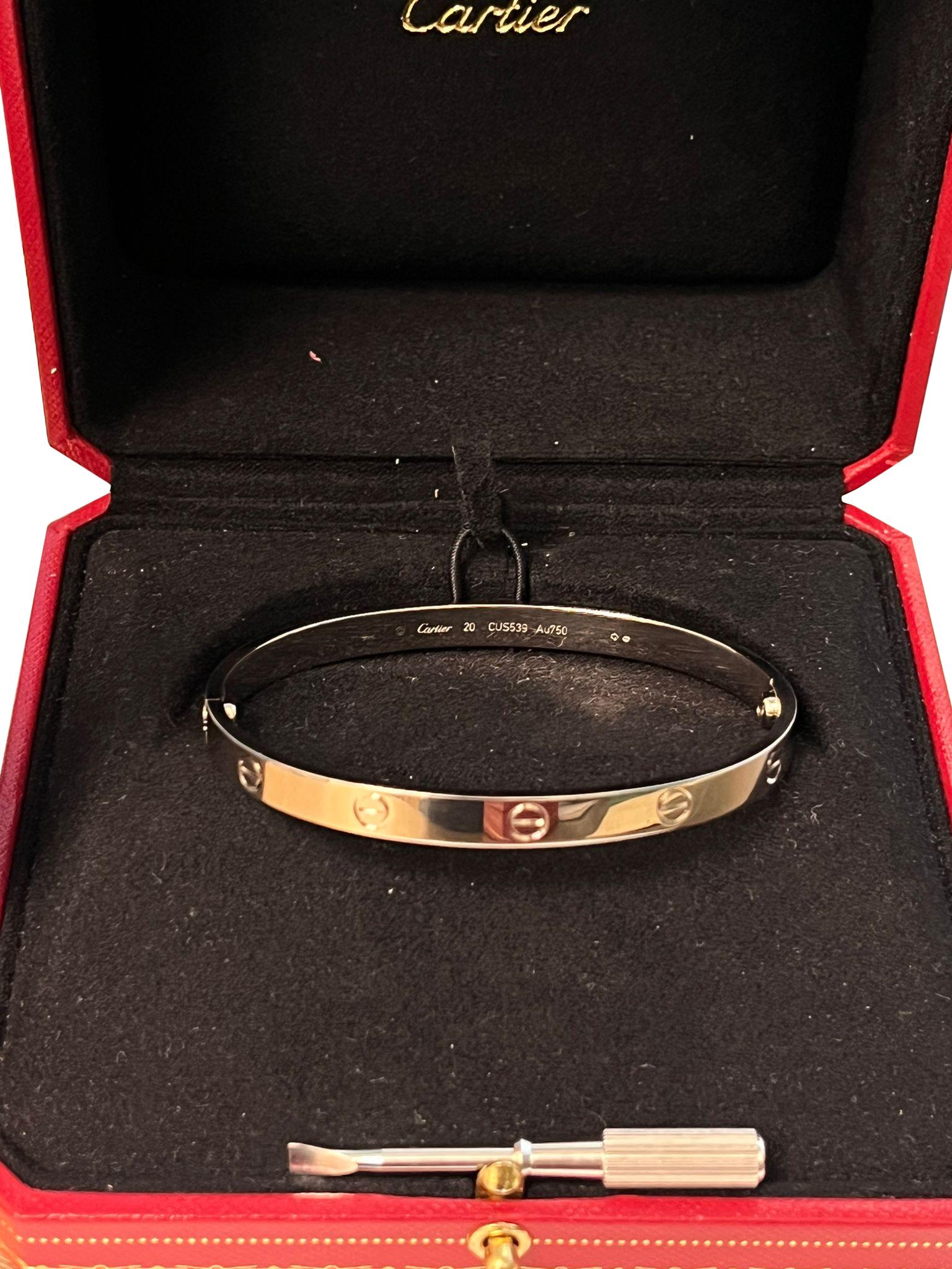 Cartier Love Bracelet Bangle Classic Model White Gold Brushed Finish Size 20 For Sale 3