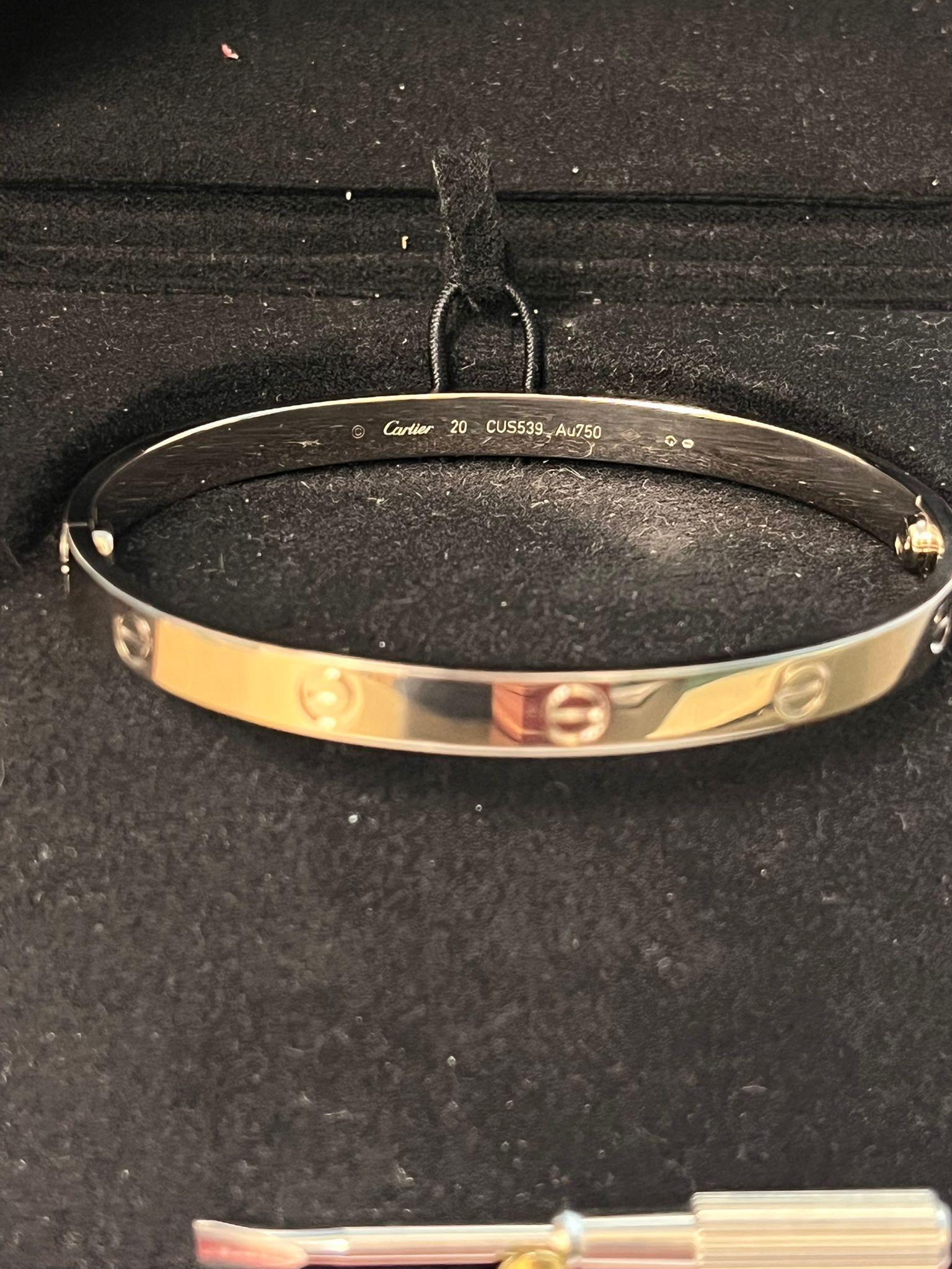 Cartier Love Bracelet Bangle Classic Model White Gold Brushed Finish Size 20 For Sale 4