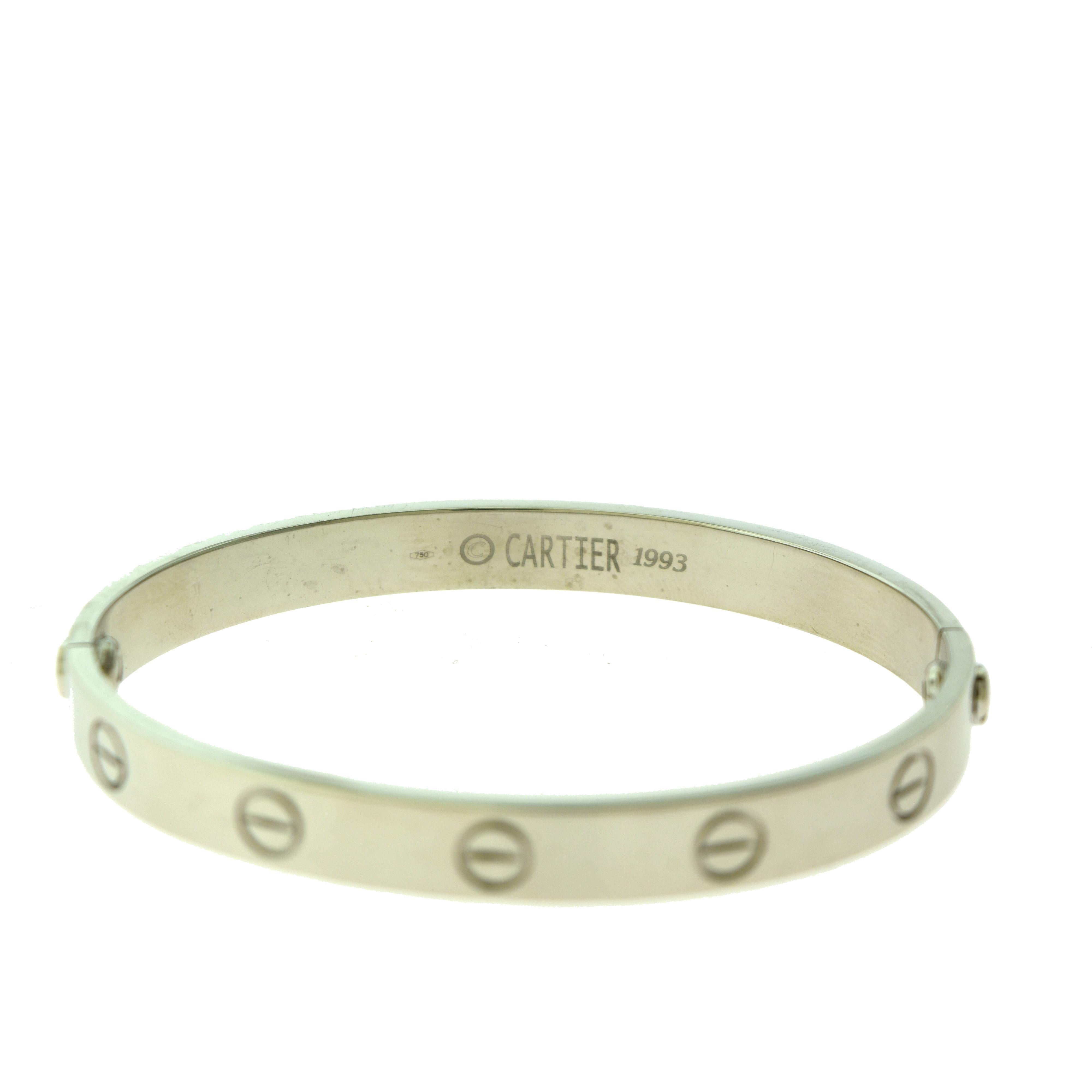 Designer: Cartier

Collection: Love

Style: Bangle Bracelet

Metal: White Gold

Metal Purity: 18k

Bracelet Size: 16 = 16 cm

Hallmarks: 16, Au750 Cartier, Serial No.,

Screw System: 