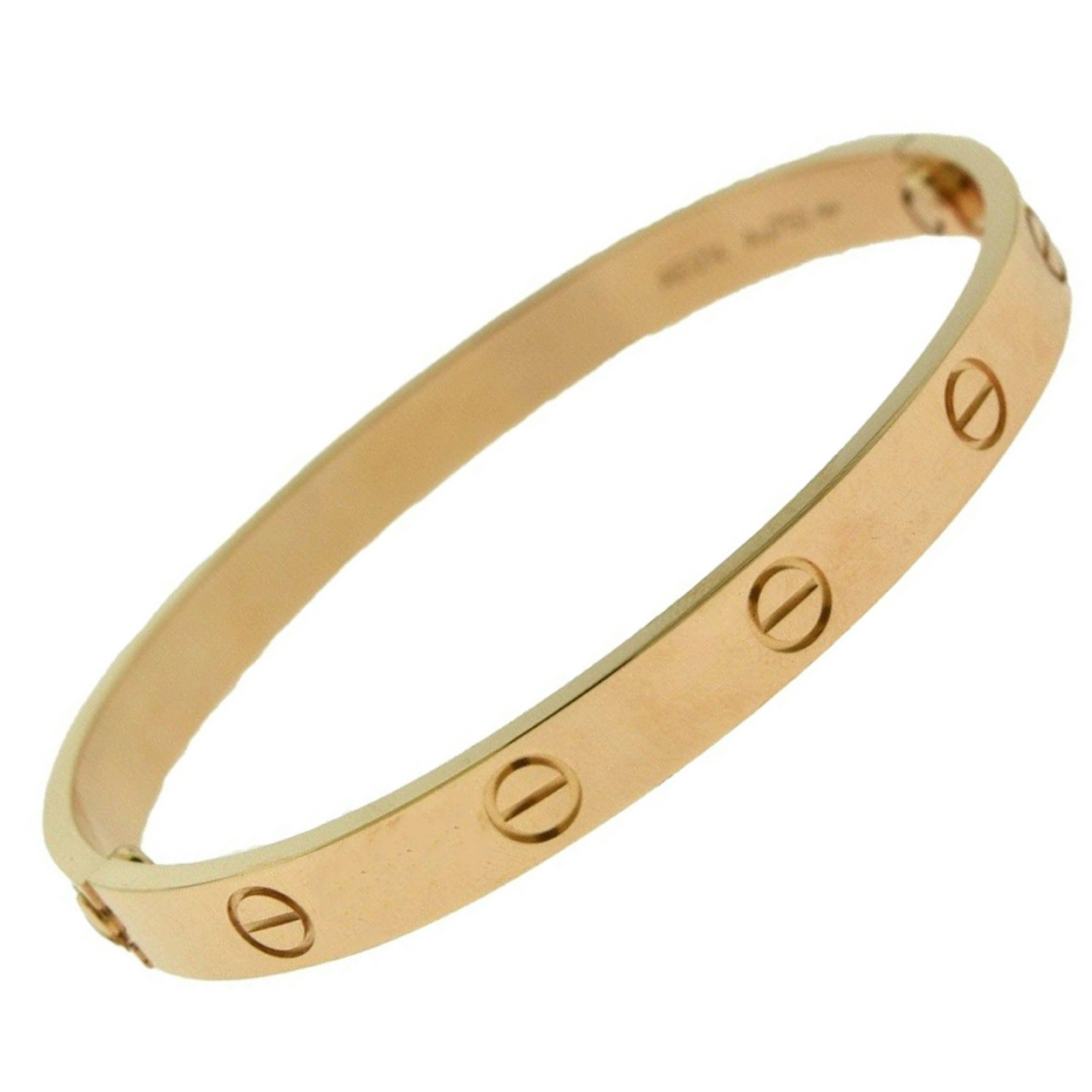 Designer: Cartier

Collection: Love

Style: Bracelet/ Bangle 

Metal: Rose Gold

Metal Purity: 18k 

Bracelet Size: 17 = 17 cm  

Hallmark:  Cartier;750, Serial No. 17

Includes: 24 Month Brilliance Jewels Warranty

                     Cartier Box