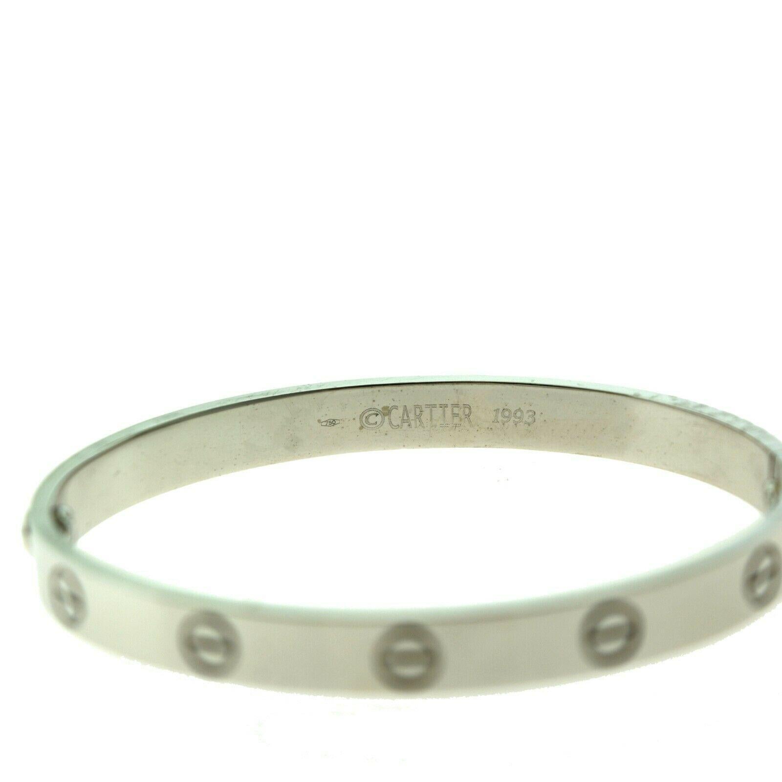 Condition: Pre Owned

Designer: Cartier

Collection: Love

Style: Bracelet / Bangle

Metal: White Gold

Metal Purity: 18k

Size: 17= 17 cm

Screw Style System: Old Style (Screws come off)

Includes:  24 Months Brilliance Jewels Warranty

           