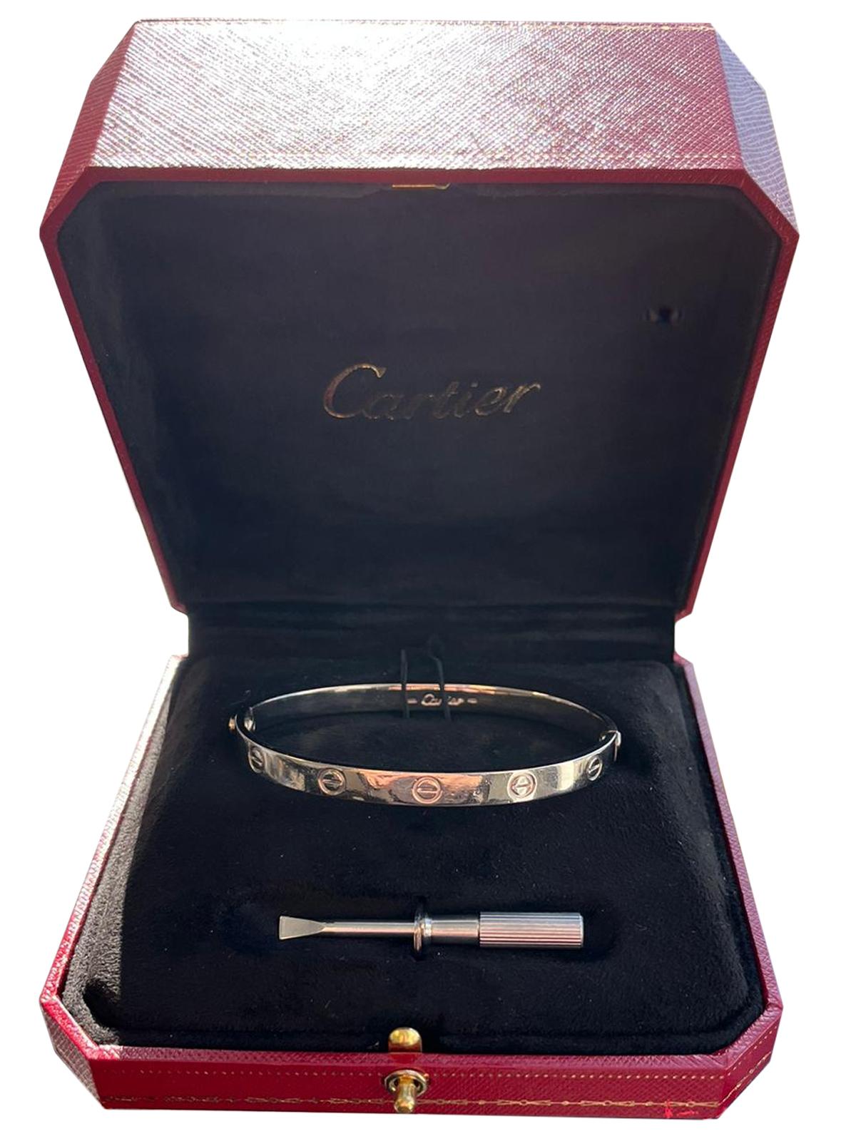 Women's Cartier Love Bracelet Bangle with Screwdriver 19 Size 18K White Gold For Sale