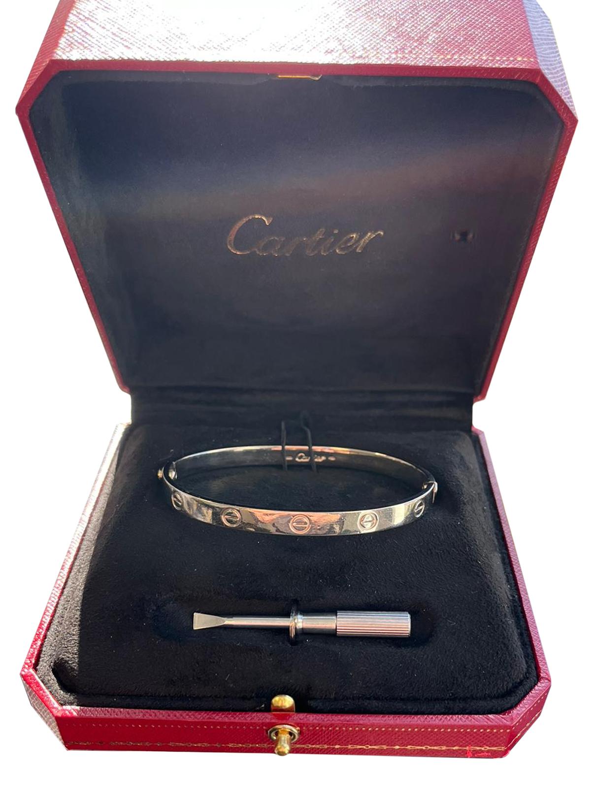 Women's Cartier Love Bracelet Bangle with Screwdriver 19 Size 18K White Gold For Sale