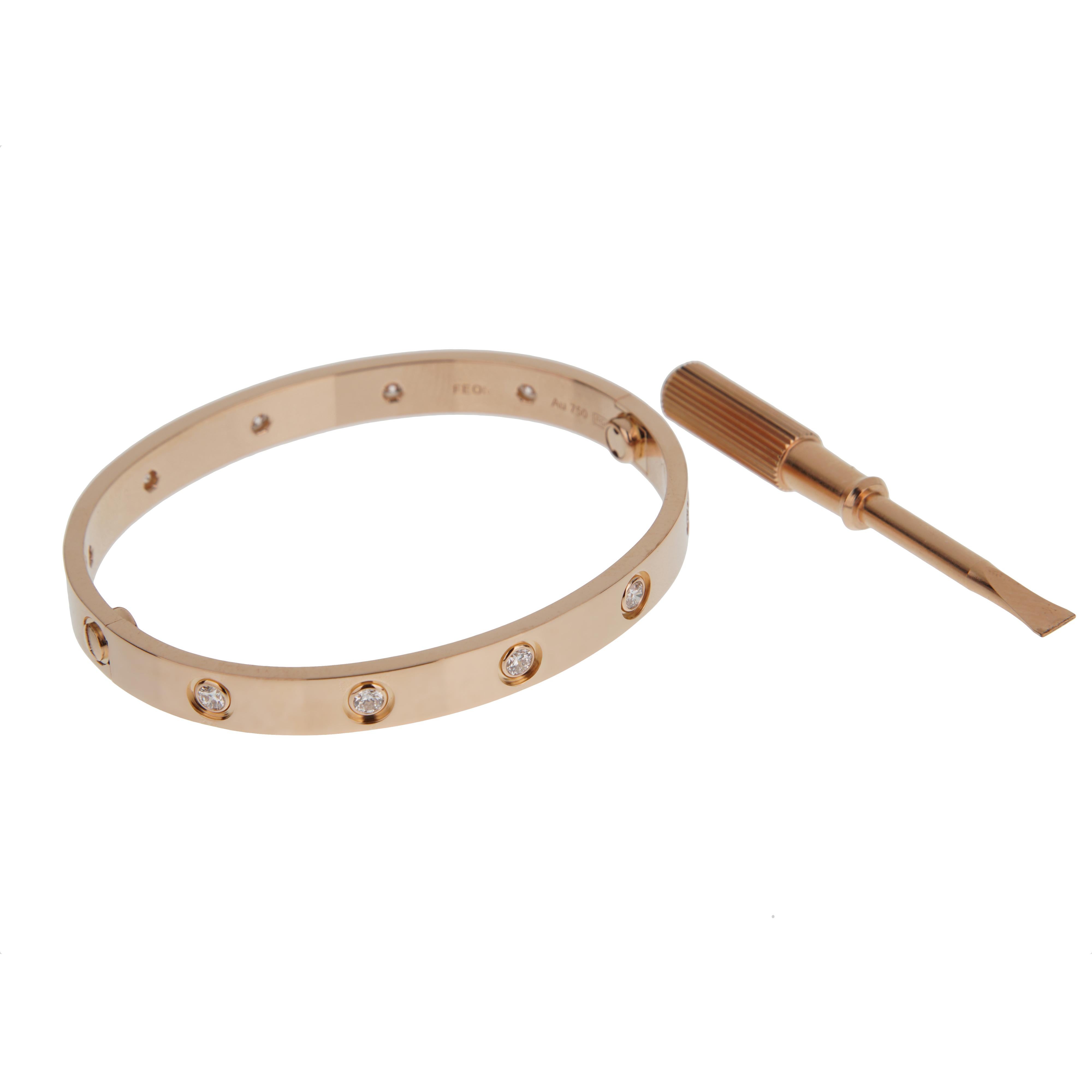 Taglio rotondo Cartier Bracciale dell'Amore Classico 10 Diamanti 18 Oro Rosa Sz 16 in vendita