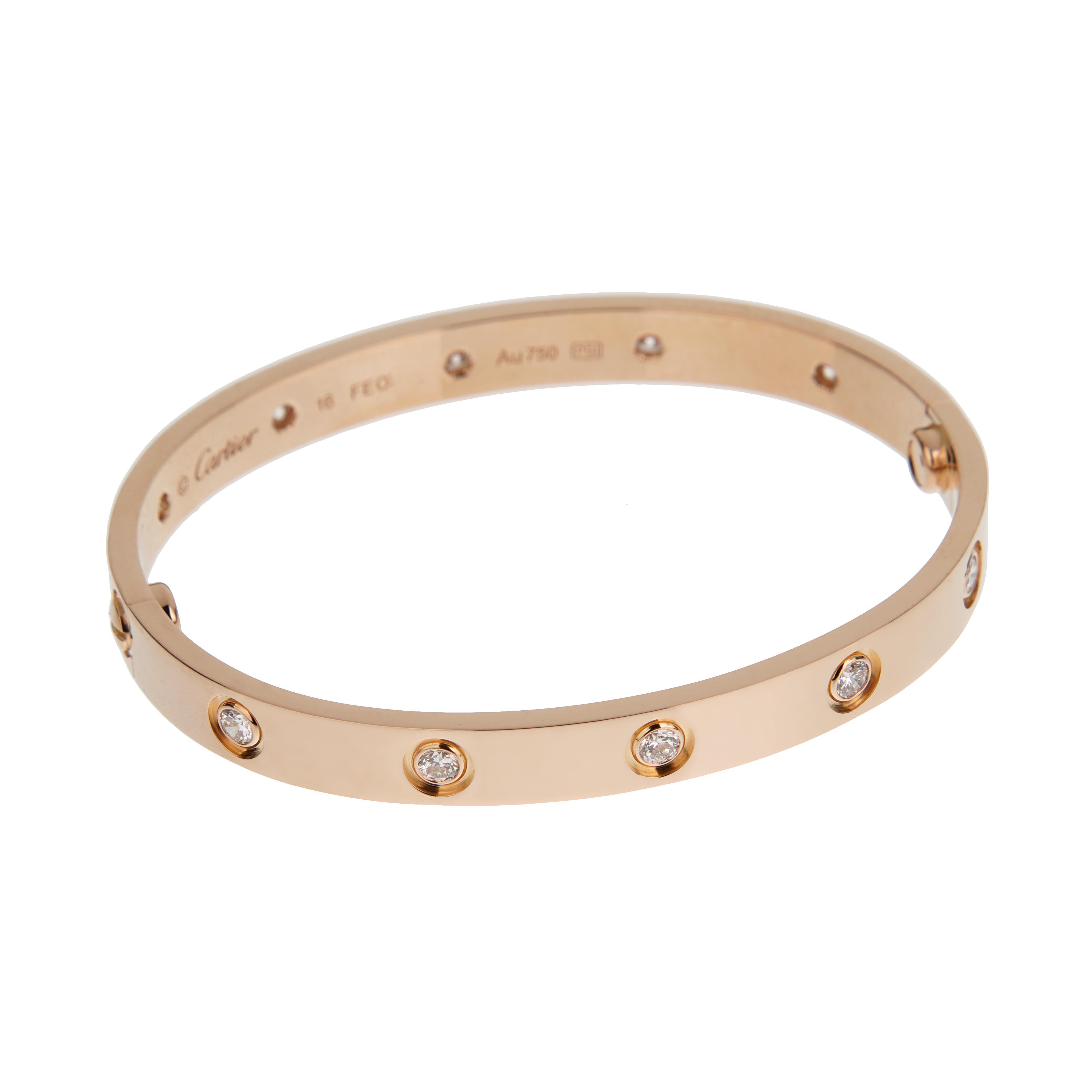 Donna Cartier Bracciale dell'Amore Classico 10 Diamanti 18 Oro Rosa Sz 16 in vendita