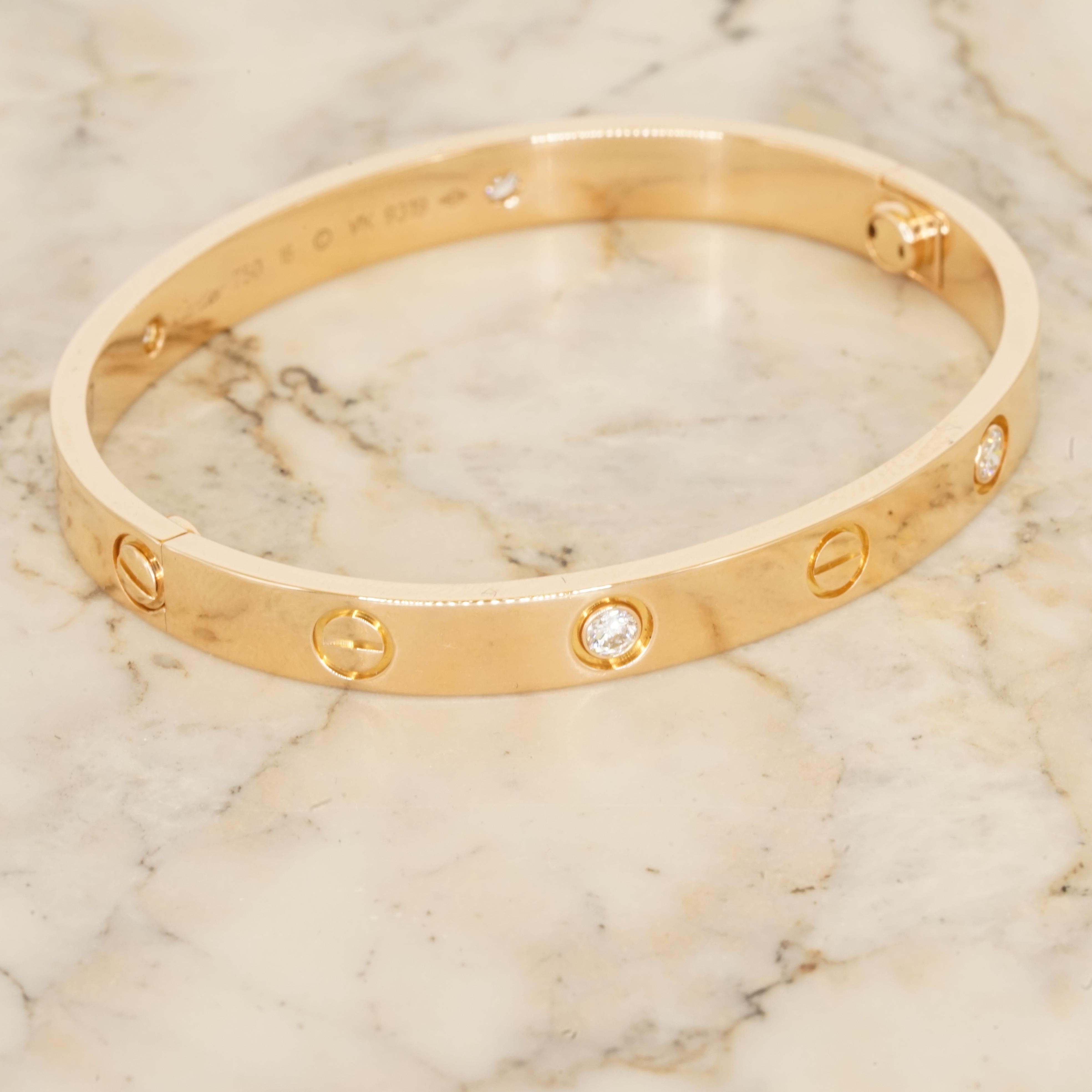 Round Cut Cartier LOVE Bracelet Classic Model 18K Rose Gold 4 Diamonds Original Screwdrive For Sale