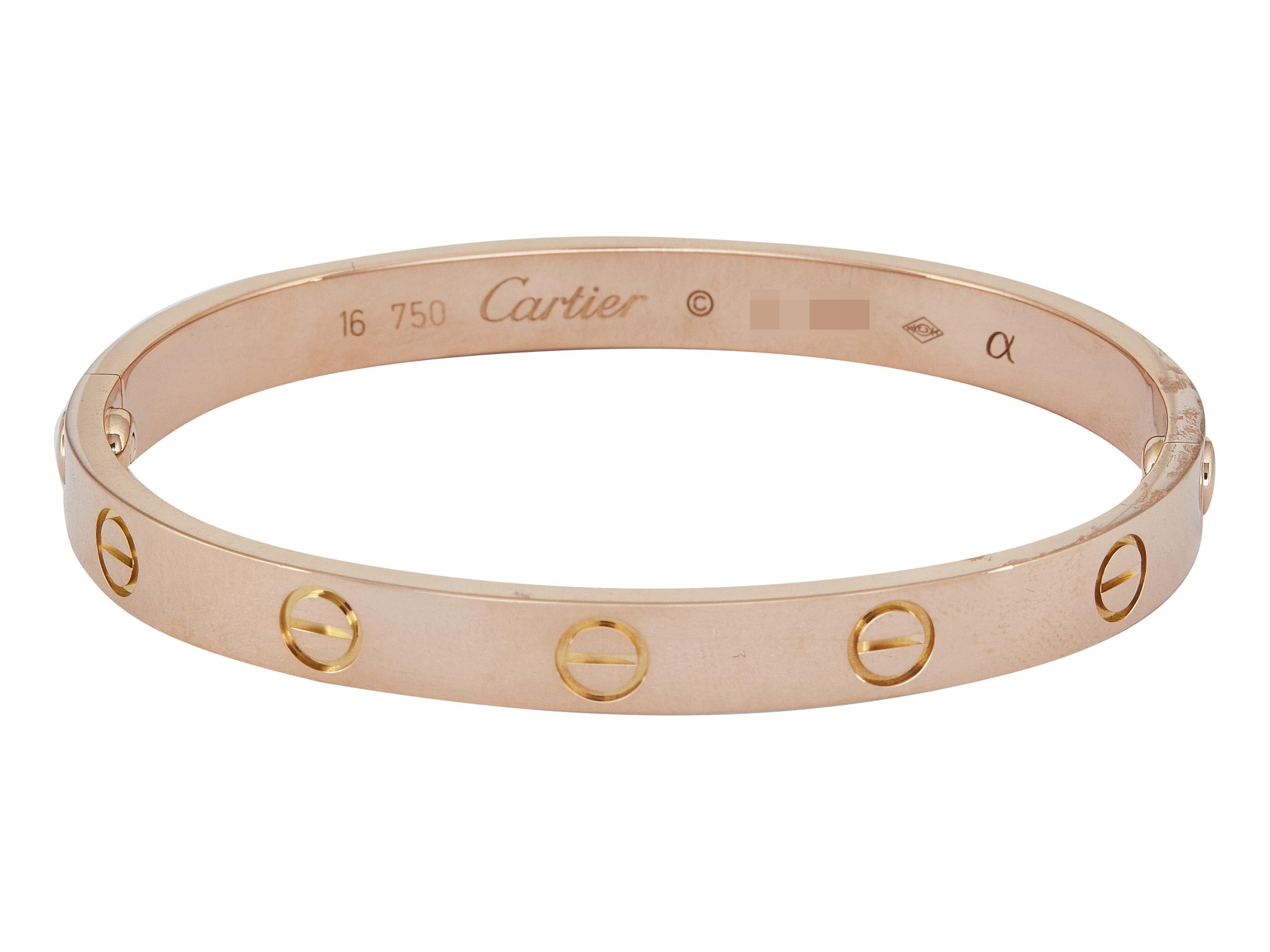 The bracelet: A Cartier Love bangle bracelet. This Classic model is designed in eighteen karat gold. It is a size 16.

The bracelet is in excellent condition, with only a few minor scratches that are expected with normal wear. The brand has