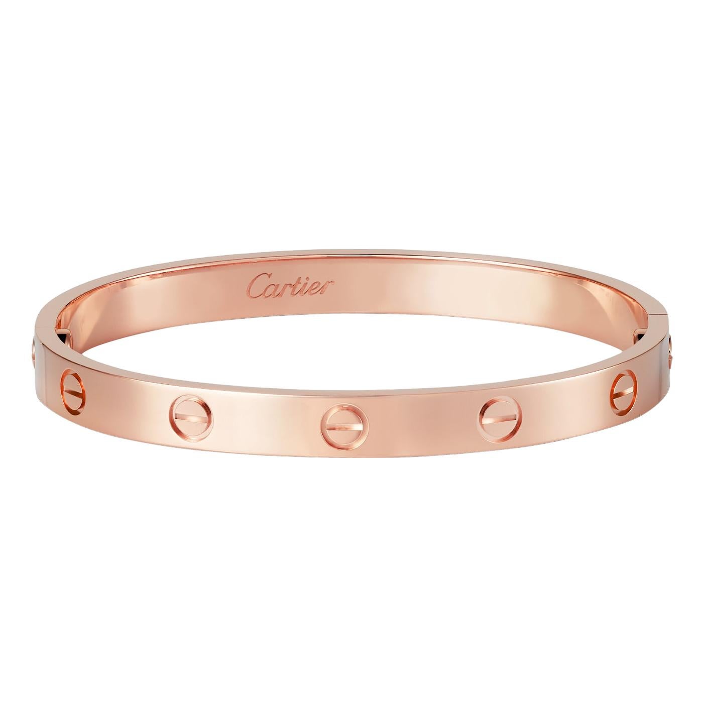 LOVE-Armband, klassisches Modell, 18K Roségold (750/1000), originales Verschlusssystem mit zwei Funktionsschrauben. Wird mit einem Schraubendreher geliefert. Breite 6,1 mm. Das 1969 in New York kreierte LOVE-Armband ist eine Ikone des