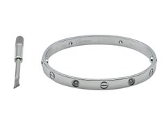 Bracciale Cartier Love, modello classico, oro bianco 18 carati, 4 diamanti, misura 18
