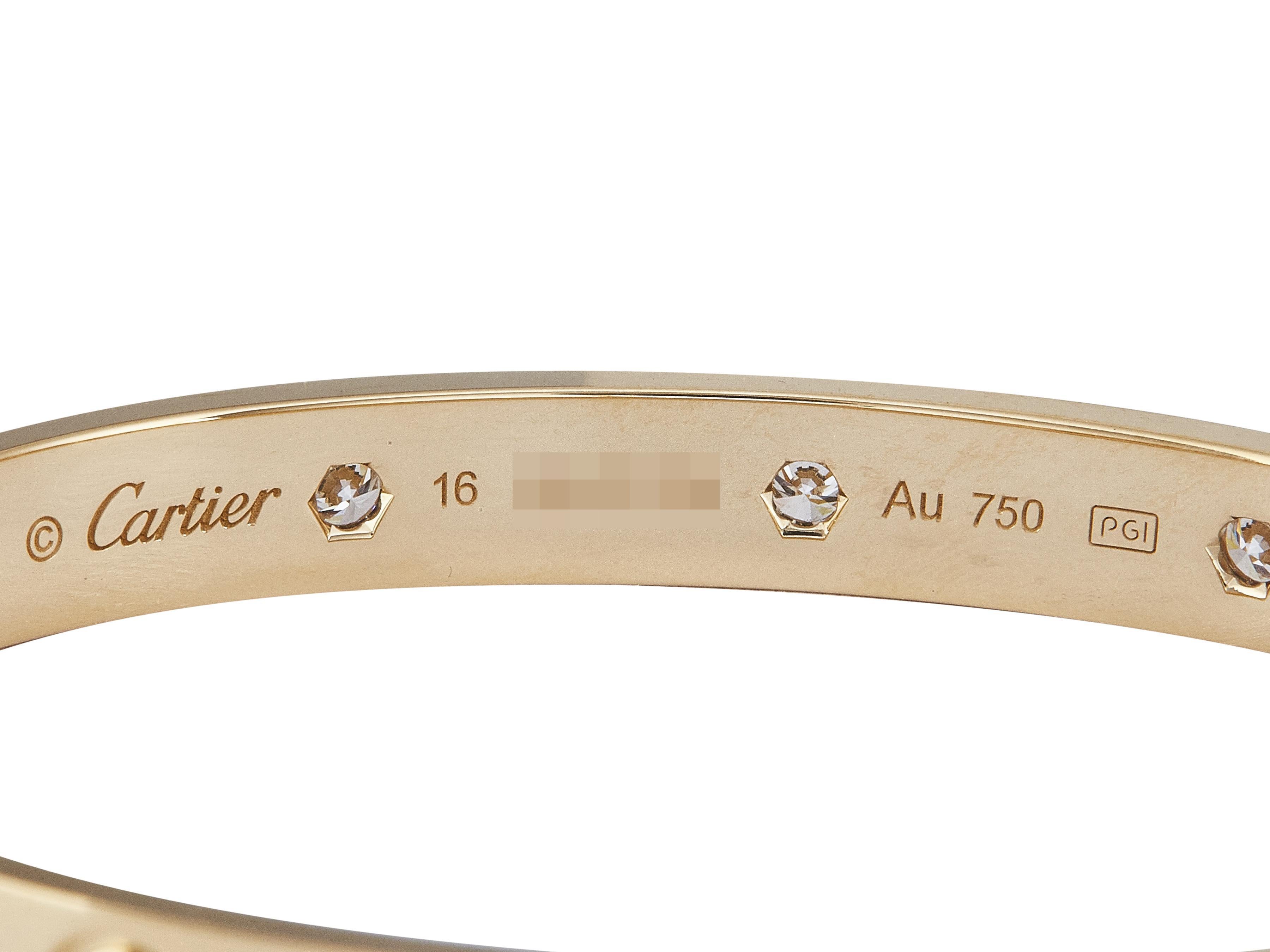 Femenino o masculino Cartier LOVE Pulsera Modelo Clásico Oro Amarillo 18K 10-Diamantes Talla 16 en venta