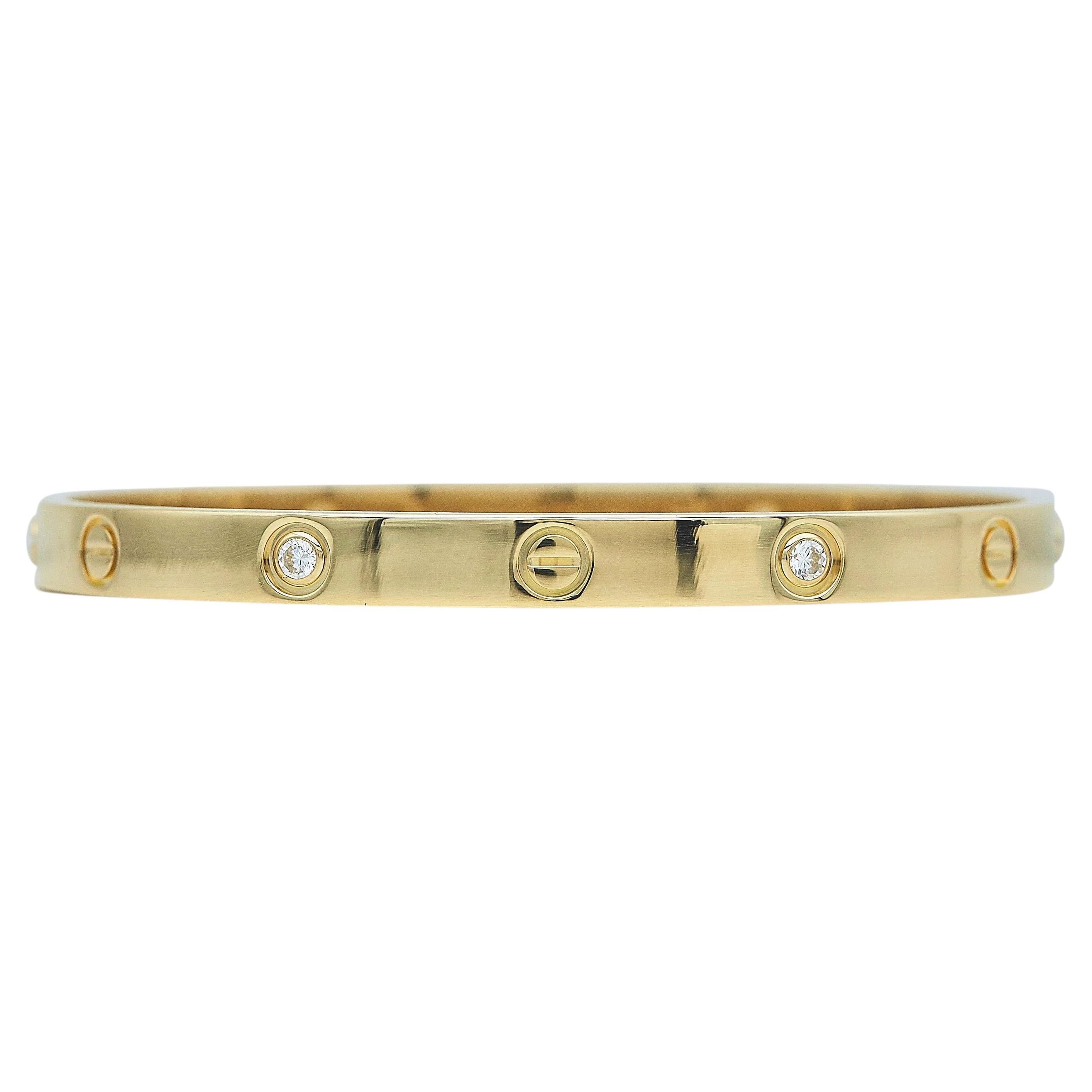 Cartier Love Bracelet, Classic Model, 18K Yellow Gold, 4-Diamond, Size 19 For Sale