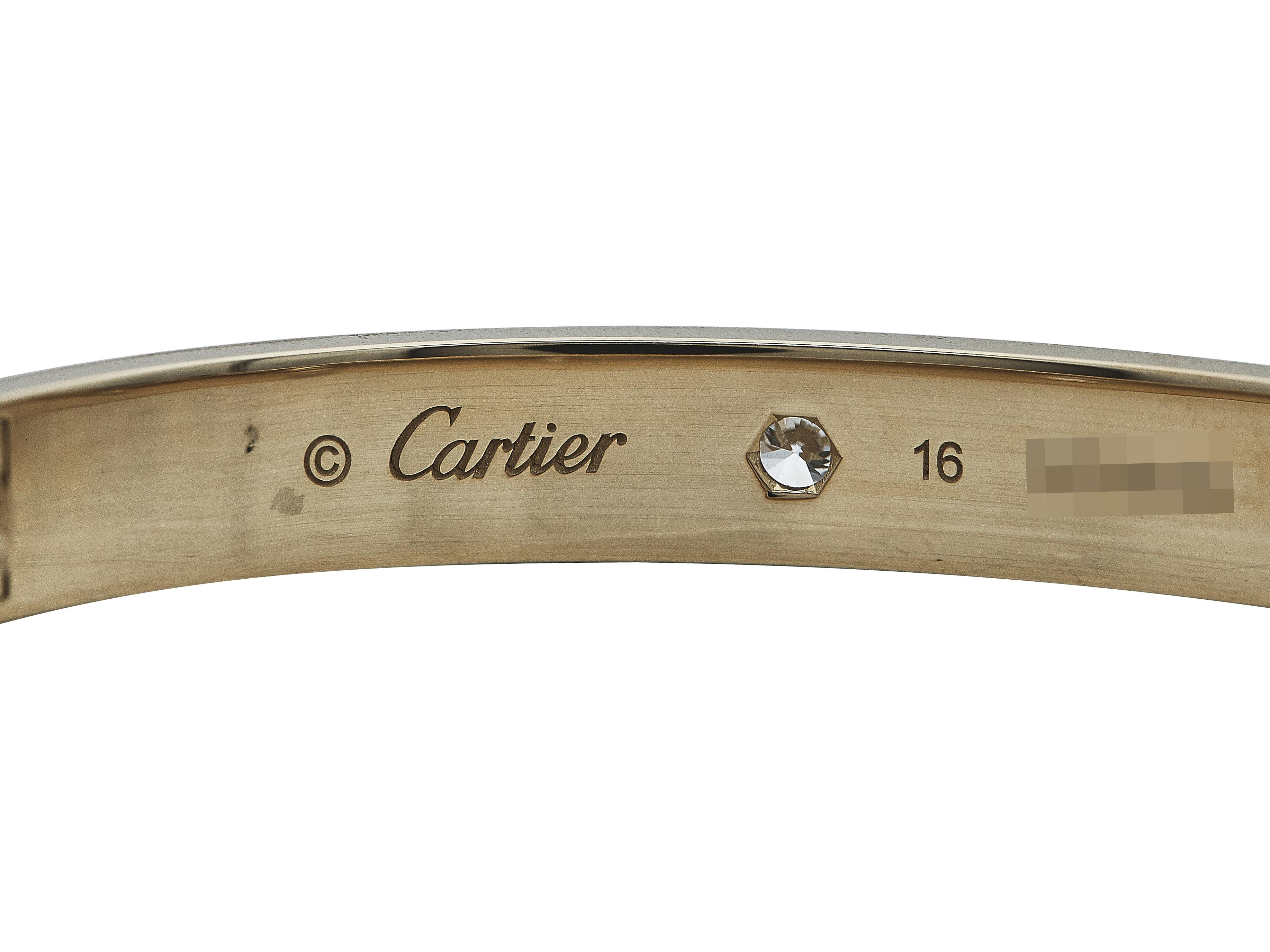 Cartier Love Bracelet Classic Model 18K Yellow Gold 4 Diamonds Size 16 In Excellent Condition For Sale In New York, NY