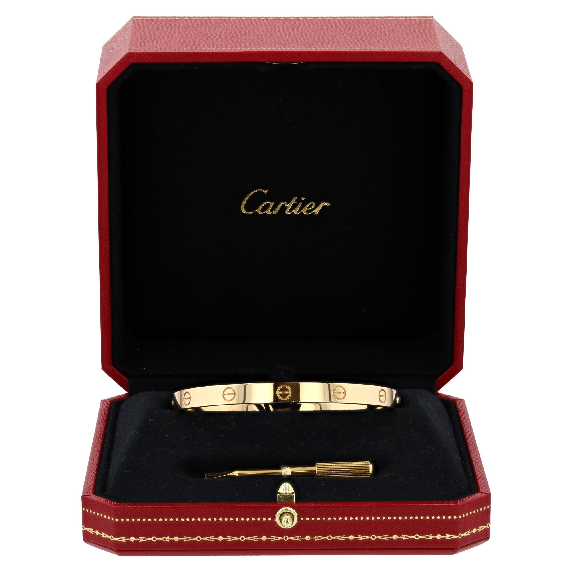 LOVE is the expression of the Cartier vision. Our recently acquired 18 karat yellow gold LOVE bracelet in size 20 is a great unisex size that will fit up to a 7.85