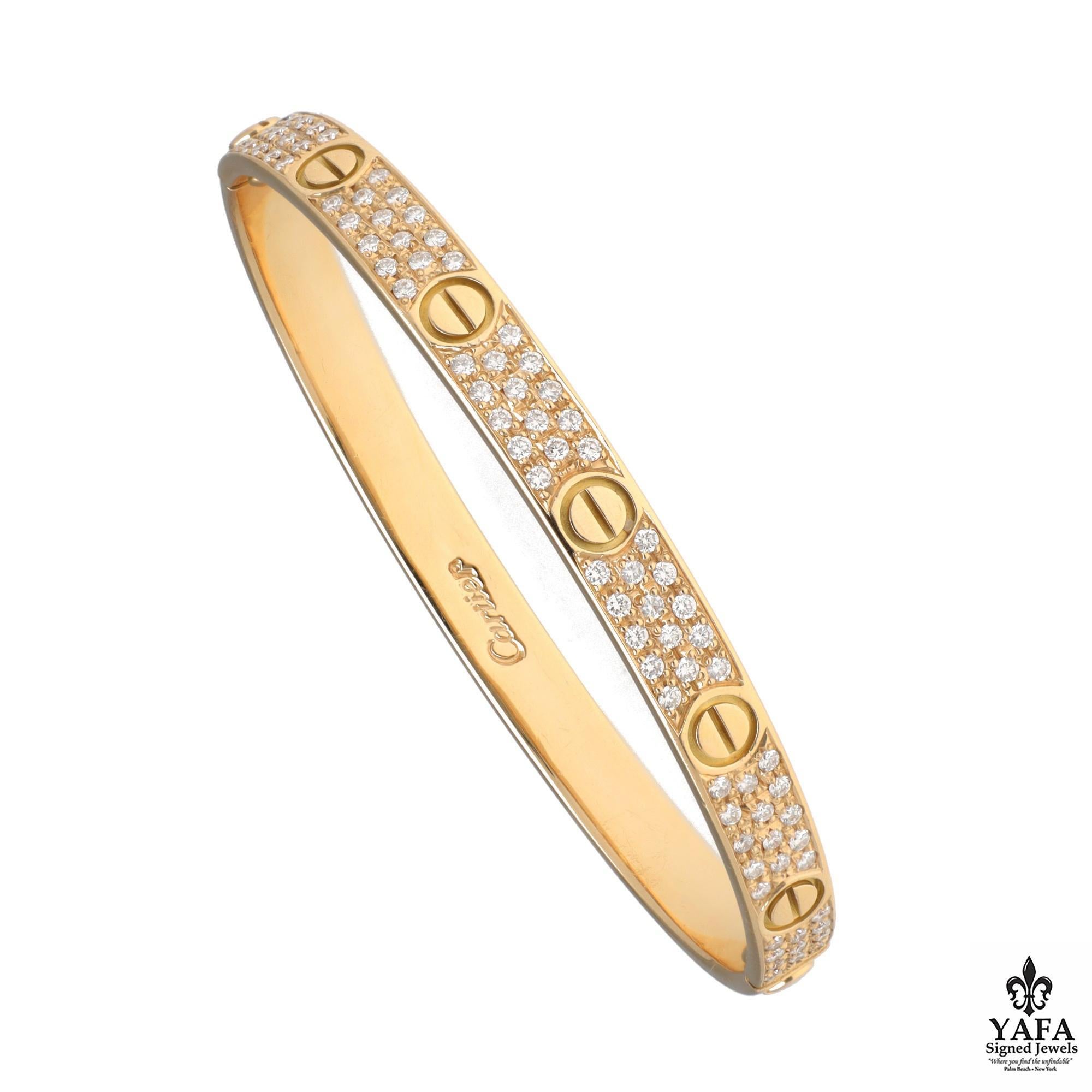 Cartier's Signature Representative of Love and Commitment is Expressed in this 18K Yellow Gold Diamond Paved Bracelet Featuring the Original Functioning Screw Design.

Size - 19cm
Signed - Cartier