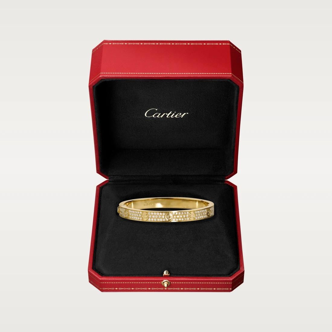 LOVE bracelet, 18K yellow gold, set with 204 brilliant-cut diamonds totalling 2 carats.

A look at this Cartier creation and one is sure to be won over. Lavish in exquisite details and overflowing with artistic excellence, this Love bracelet is a