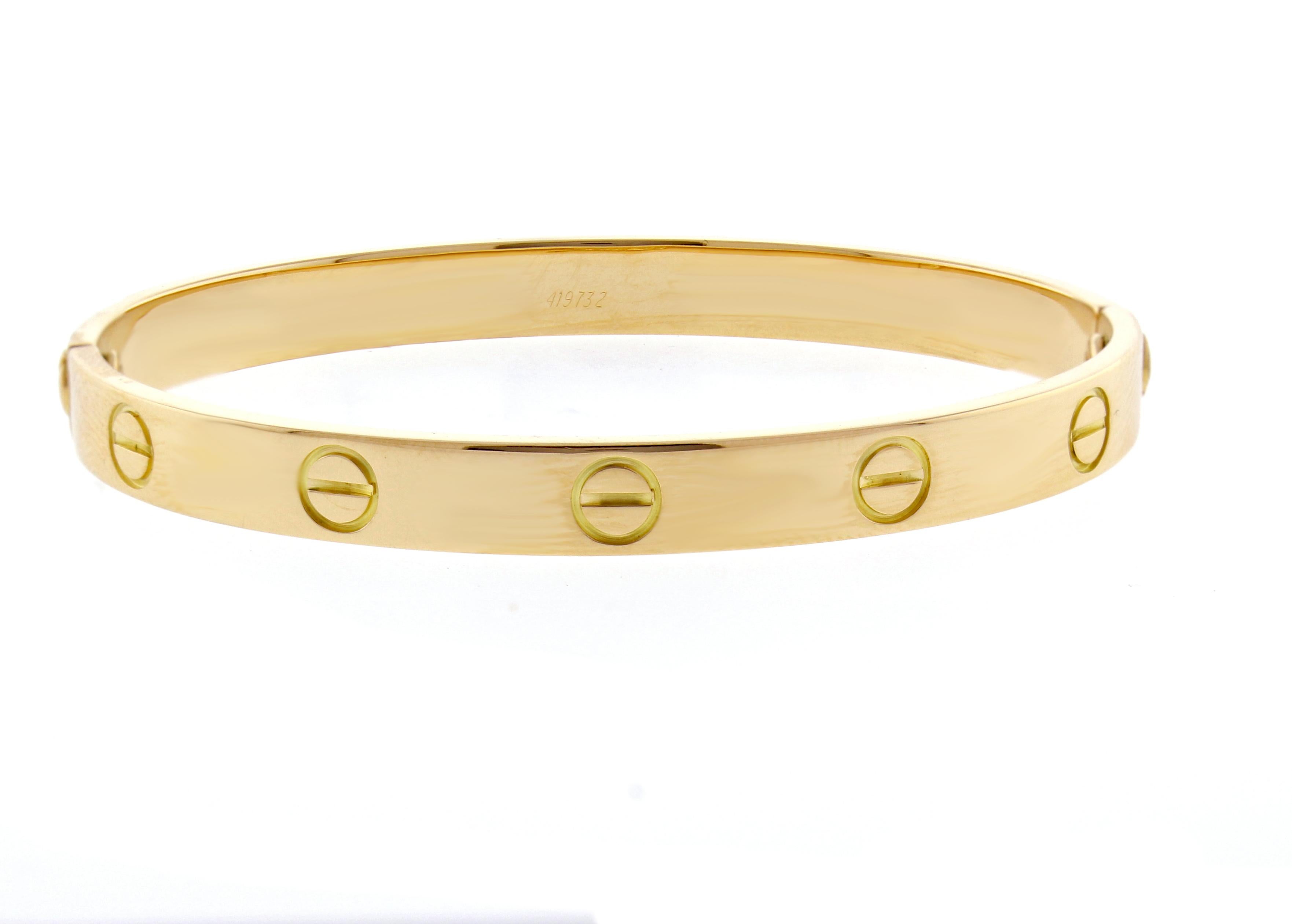 From Cartier thier original series love bracelet. The love bracelet remains an iconic symbol of love that transcends convention. Size 17, excellent condition original box.
