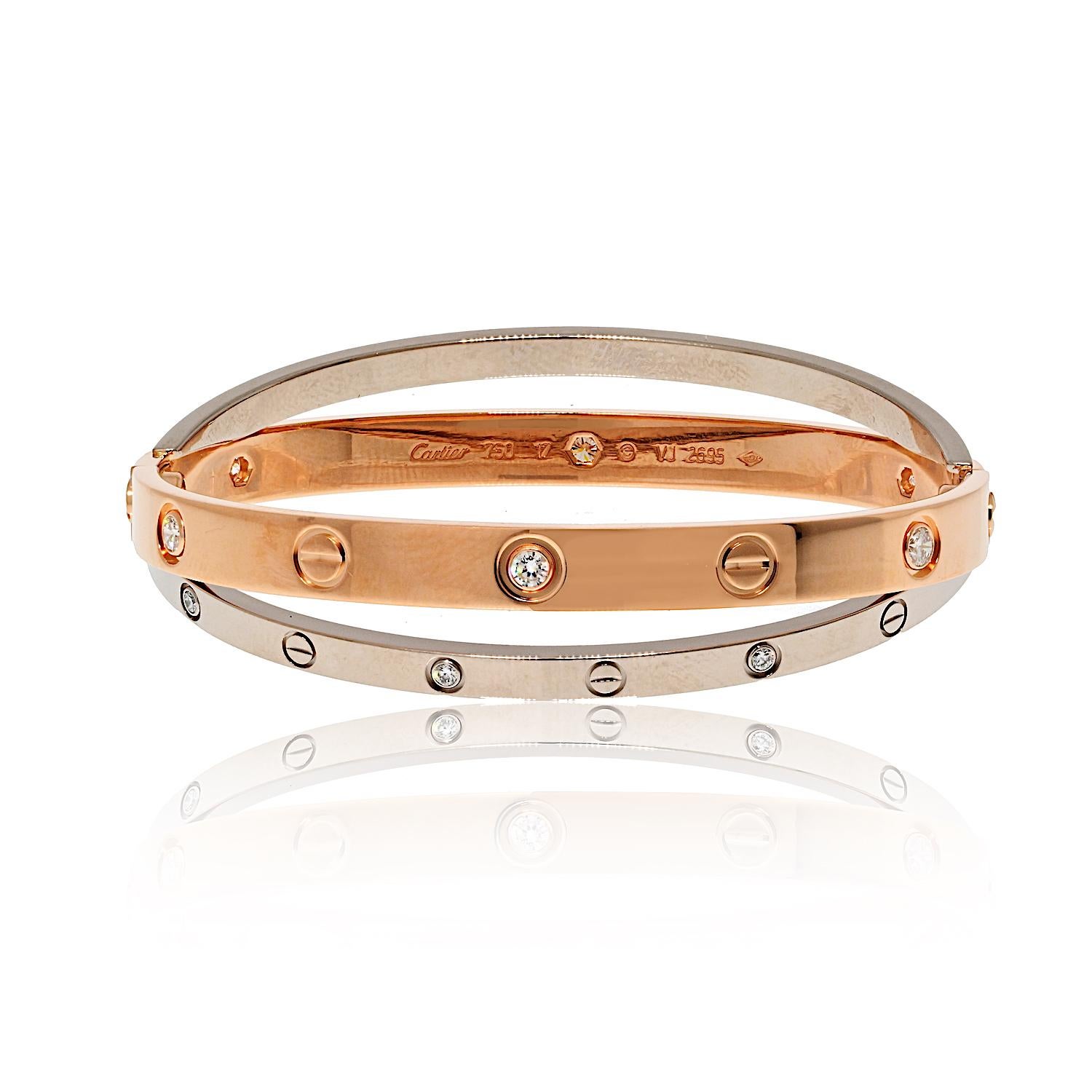 This exquisite Cartier 18K White and Rose Gold LOVE Bracelet is adorned with 12 round brilliant cut diamonds, weighing a total of 0.78 carats. A true masterpiece from Cartier’s iconic **LOVE Collection**, this bracelet features **Swiss hallmarks**