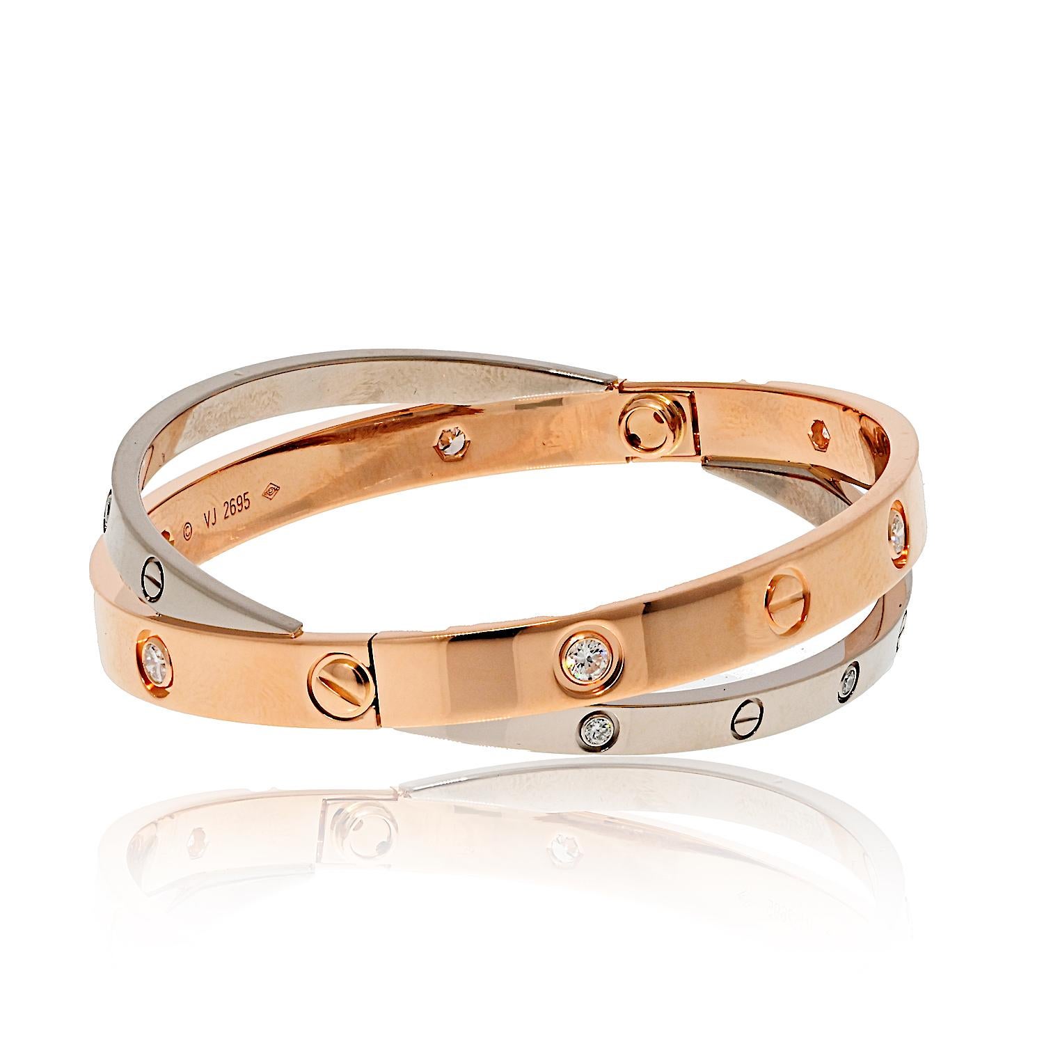 Modern Cartier 18K White And Rose Gold Love 12 Diamonds Size 17 Bracelet For Sale