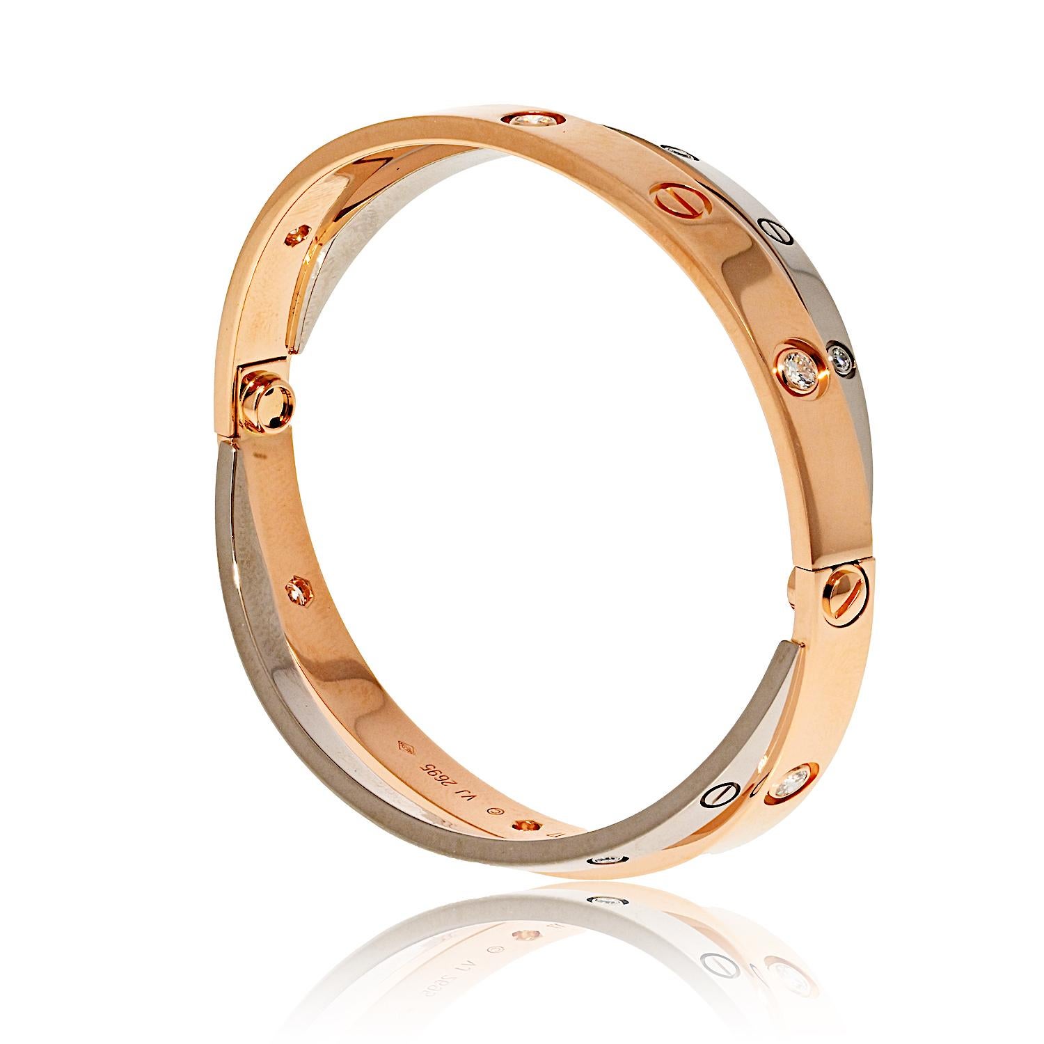 Round Cut Cartier 18K White And Rose Gold Love 12 Diamonds Size 17 Bracelet For Sale
