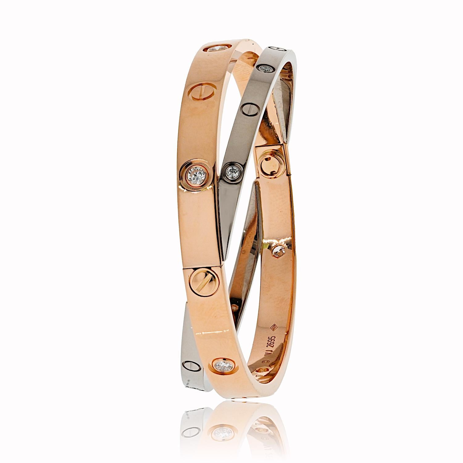 Cartier 18K White And Rose Gold Love 12 Diamonds Size 17 Bracelet In Excellent Condition For Sale In New York, NY