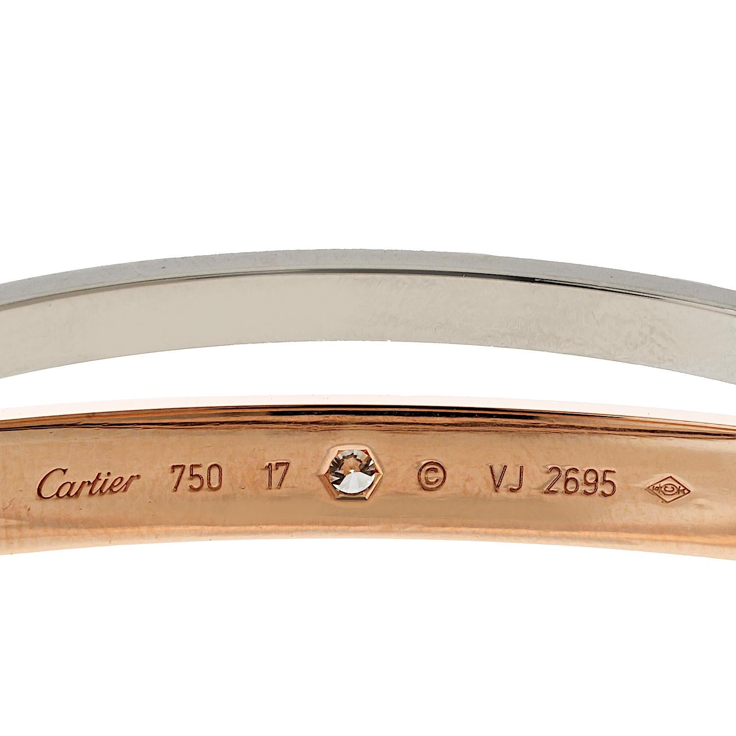 Women's Cartier 18K White And Rose Gold Love 12 Diamonds Size 17 Bracelet For Sale