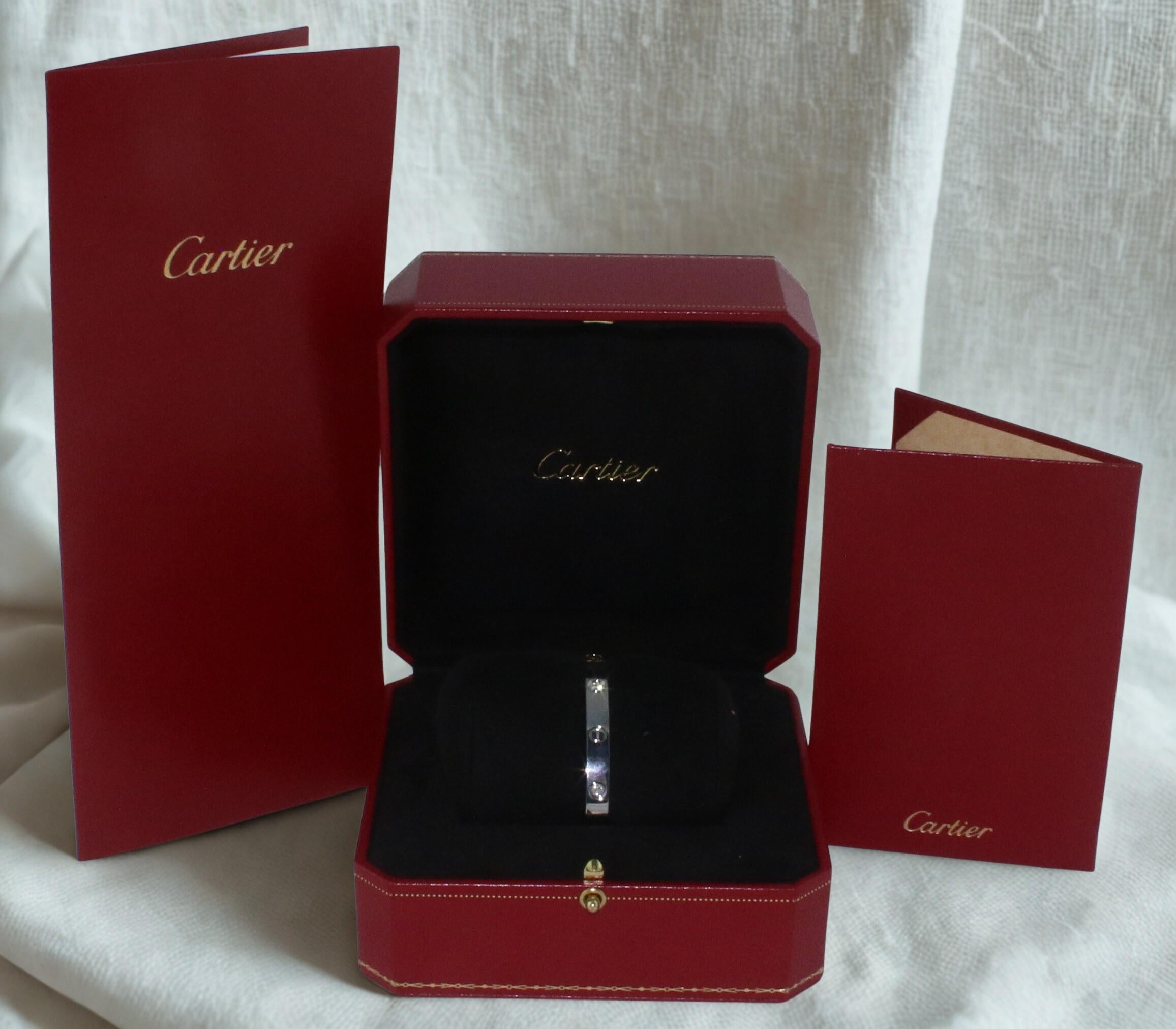 Cartier Love Bracelet Four Diamonds White Gold Bangle Bracelet In Excellent Condition For Sale In New York, NY
