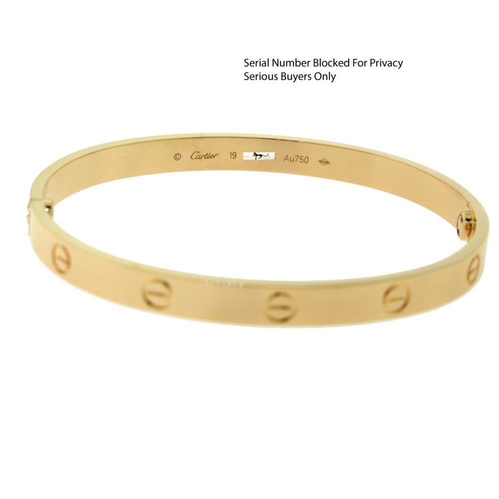 Designer: Cartier

Collection: Love

Style: Bangle Bracelet

Metal: Rose Gold

​​​​​​​Metal Purity: 18k

Bracelet Size: 19 = 19 cm

Hallmarks: 19, Au750 Cartier, Serial No.,

Retail: $6,300 excluding tax.

Includes:  24 Months Brilliance Jewels