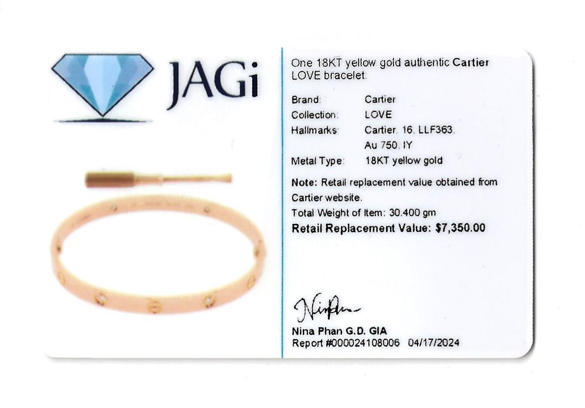 Cartier Love Bracelet in 18 Karat Yellow Gold with Box and Screwdriver, Size 16 7