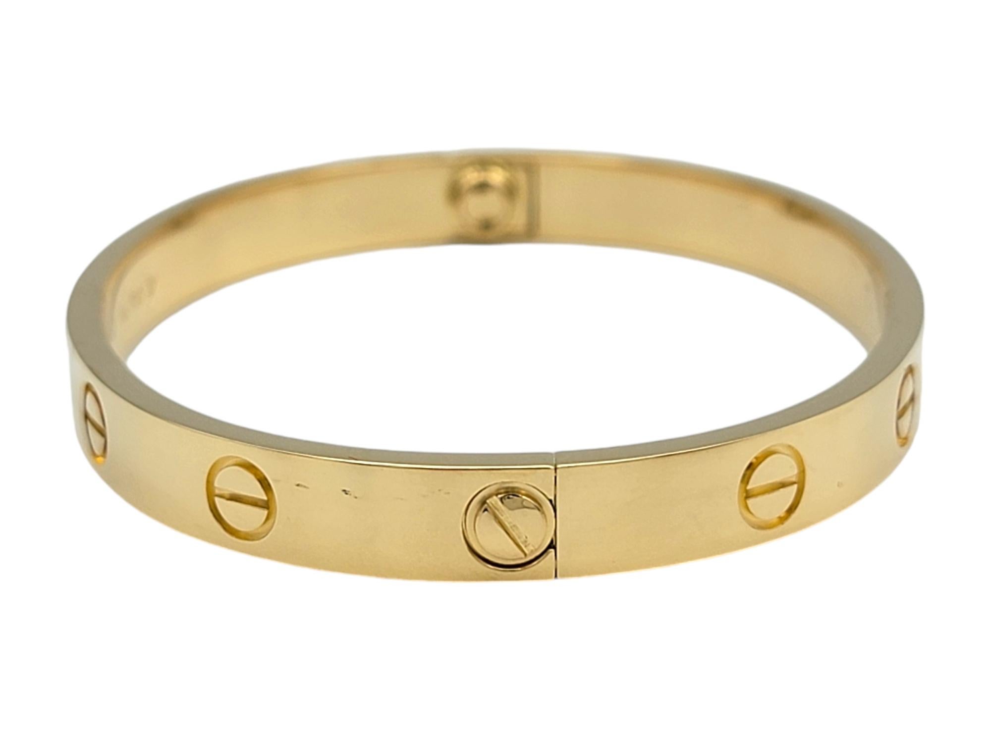 Women's Cartier Love Bracelet in 18 Karat Yellow Gold with Box and Screwdriver, Size 16