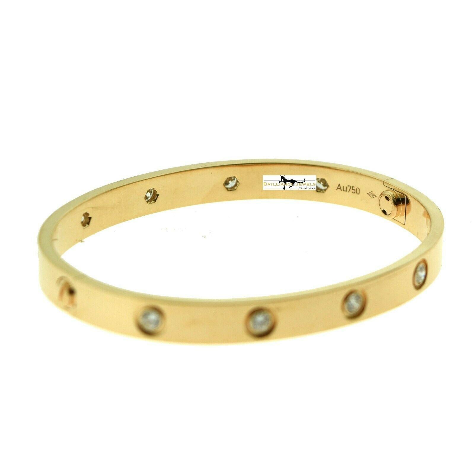 Designer: Cartier

Collection: Love

Style: Bangle Bracelet

Metal: Rose Gold

Metal Purity: 18k

Bracelet Size: 17 = 17 cm

Stones: 10 Round Brilliant Cut Diamonds

Hallmarks: 17, Au750 Cartier, Serial No.,

Screw System: 