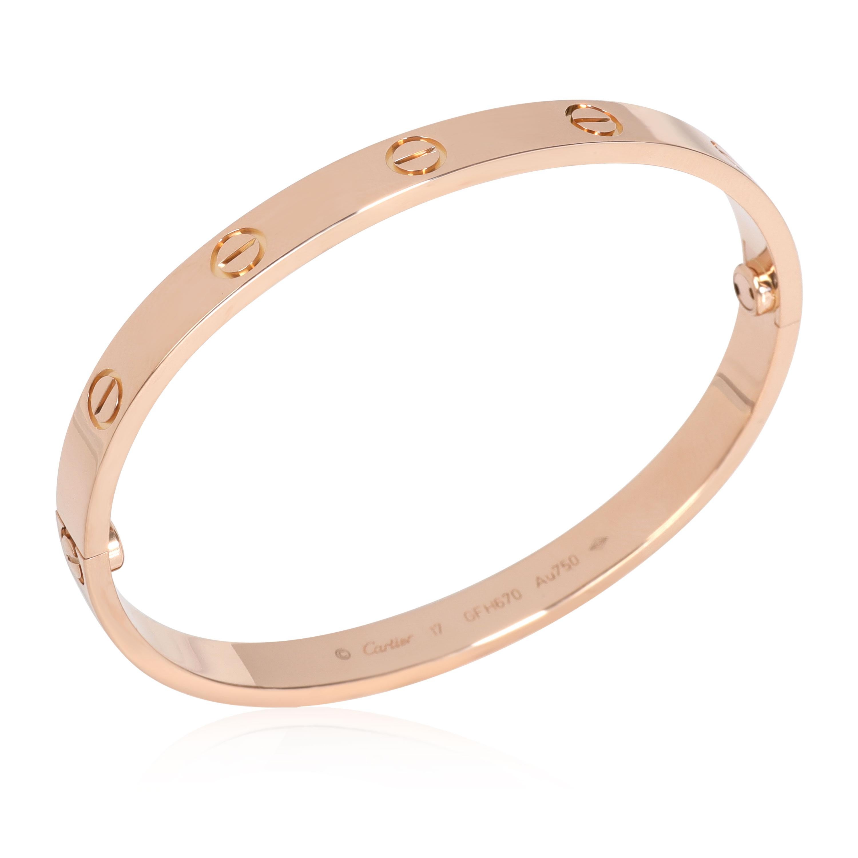 Cartier Love Bracelet in 18k Rose Gold

PRIMARY DETAILS
SKU: 113454
Listing Title: Cartier Love Bracelet in 18k Rose Gold
Condition Description: Retails for 6900 USD. In excellent condition and recently polished. Size 17. Comes with Box; pouch;