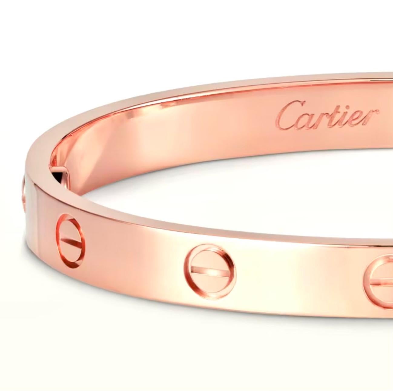 Designer: Cartier

Collection:  Love

Style: Bangle

Metal: Rose Gold 

Metal Purity: 18K 

Screw Style System: New Screw System 

Bracelet Size: 16 = 16 cm

Hallmarks: Cartier; Serial #, 750

Includes:  24 Months Brilliance Jewels Warranty

       