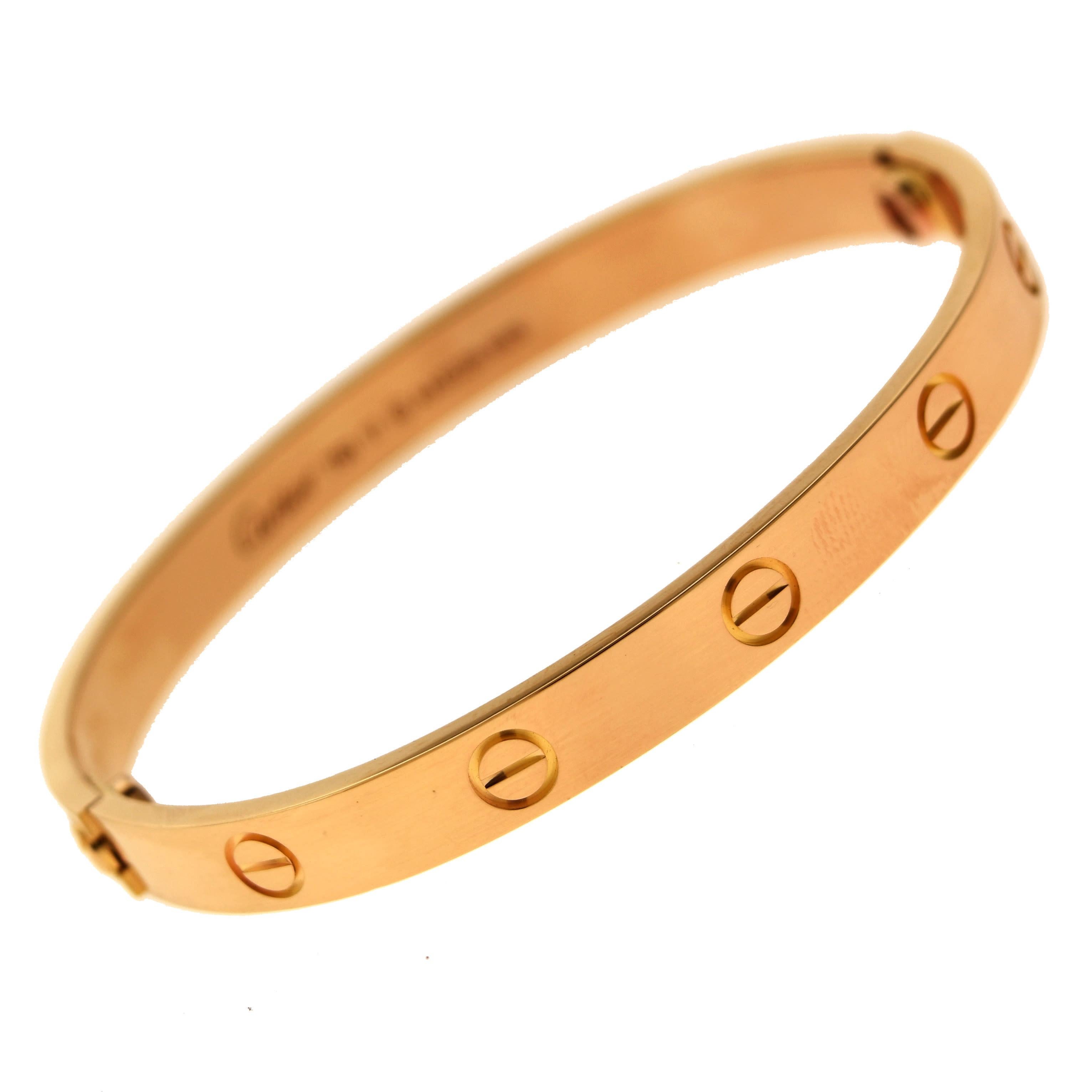 Designer: Cartier

Collection: Love

Style: Bracelet/ Bangle

Metal: Rose Gold

Metal Purity: 18k

Bracelet Size: 17 = 17 cm

Hallmark:  Cartier;750, Serial No. 17

Includes: 24 Month Brilliance Jewels Warranty

                     Cartier Box,