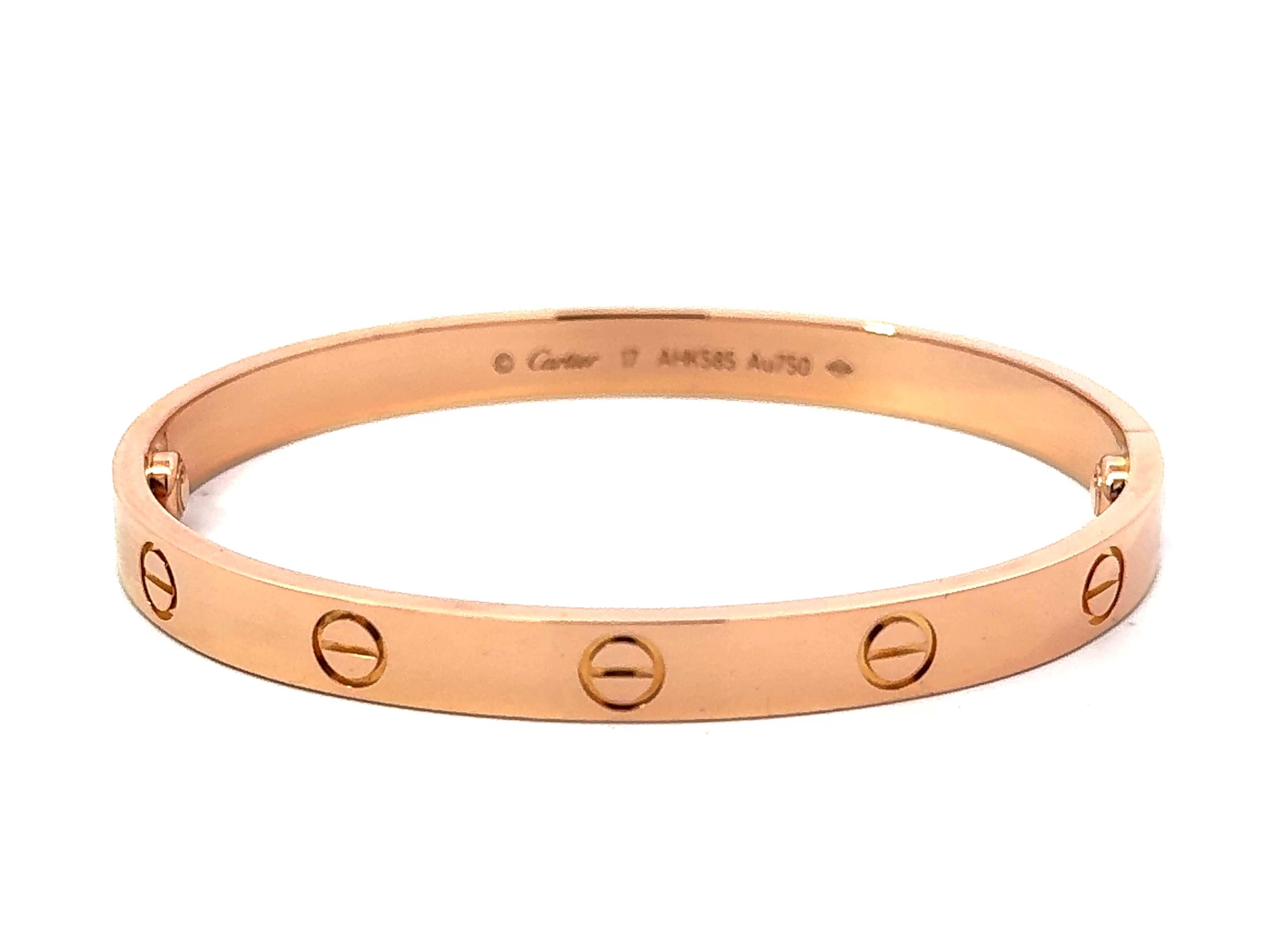 Cartier Love Bracelet in 18K Rose Gold Size 17 With Box and Papers For Sale 3