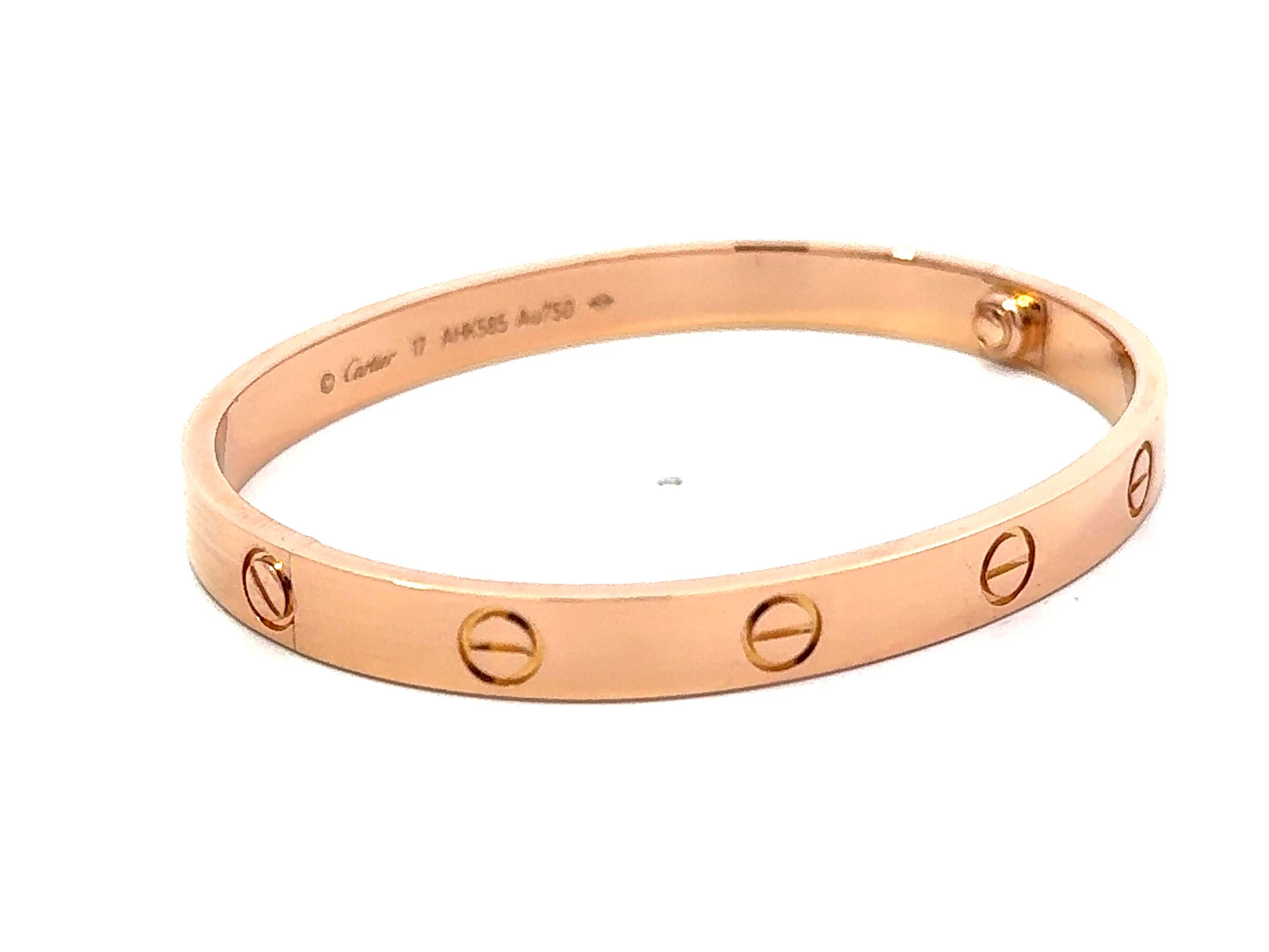 Cartier Love Bracelet in 18K Rose Gold Size 17 With Box and Papers For Sale 5
